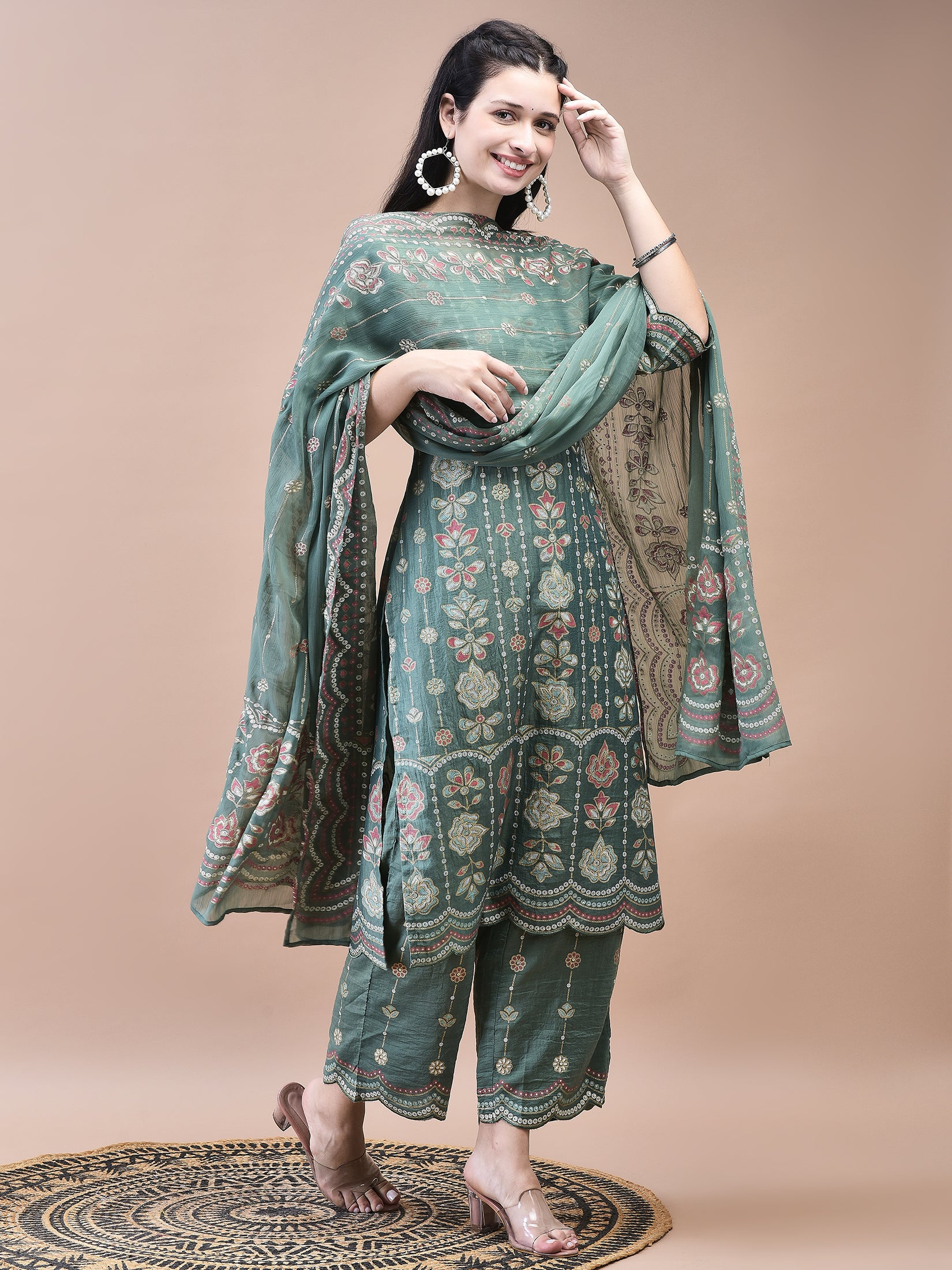 Women Liva Green Floral Print Kurta Comfort Pant Dupatta