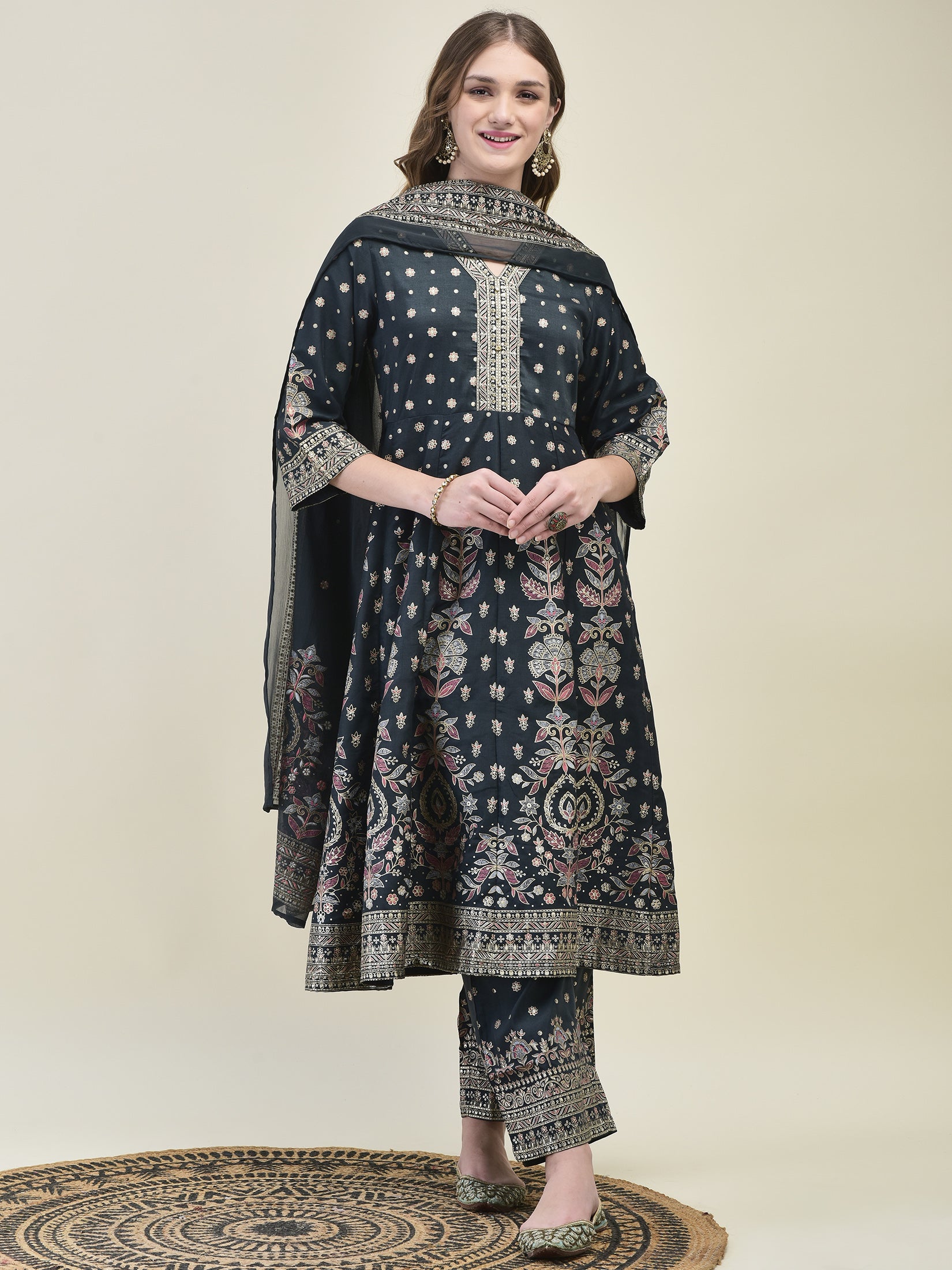 Women Liva Samaira Grey Ornamental Print Kurta Comfort Pant Dupatta