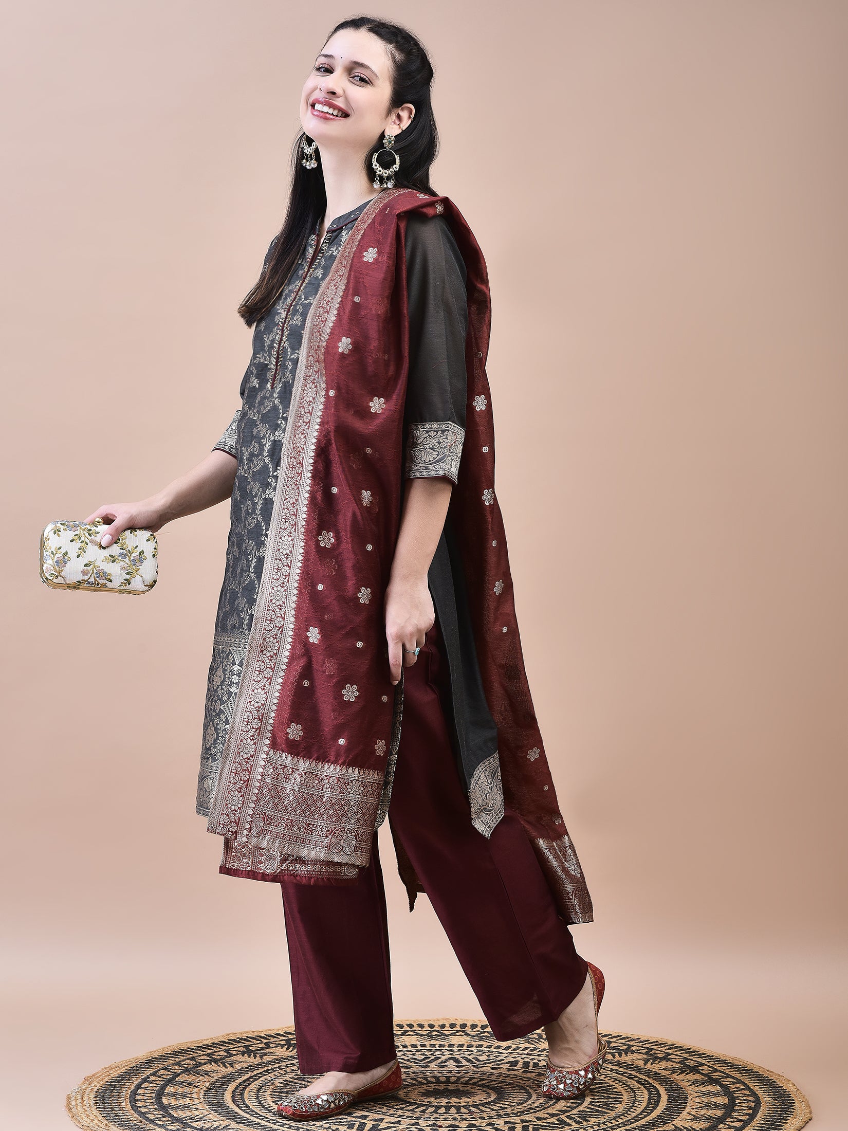 Women Jacquard Grey Woven Kurta Comfort Pant Dupatta