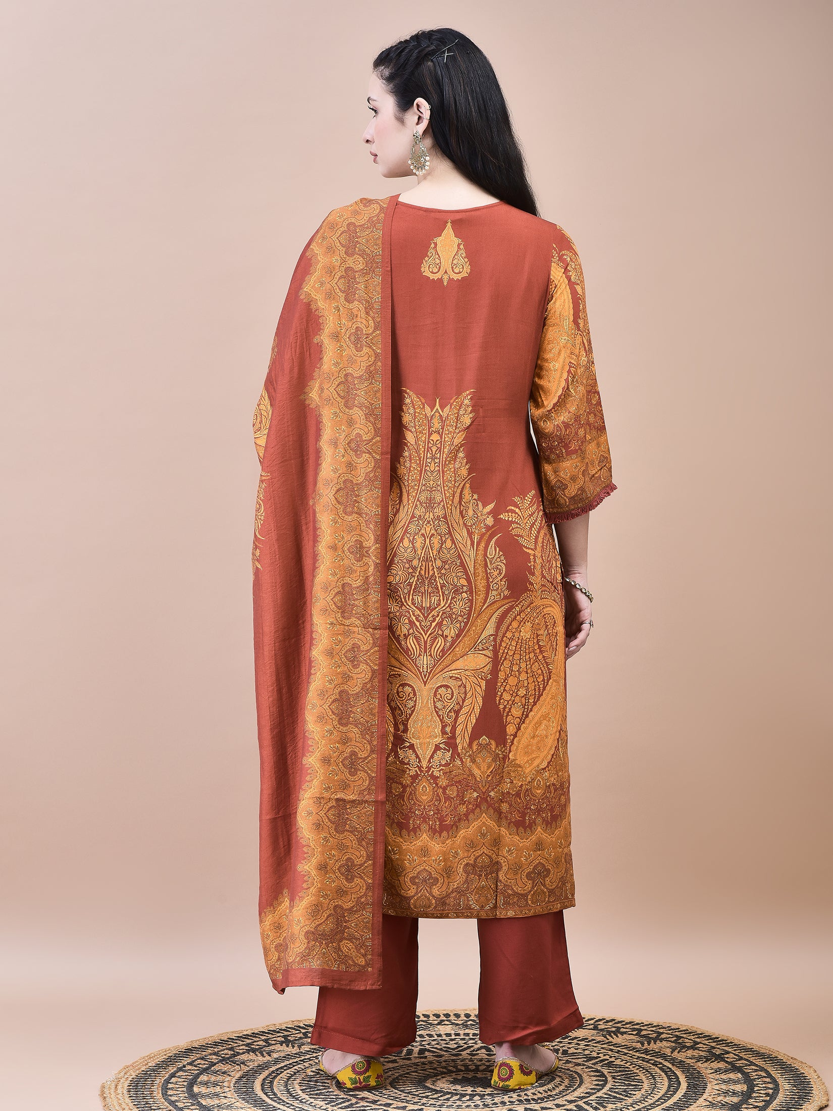 Women Liva Rust Paisley Print Kurta Comfort Pant Dupatta