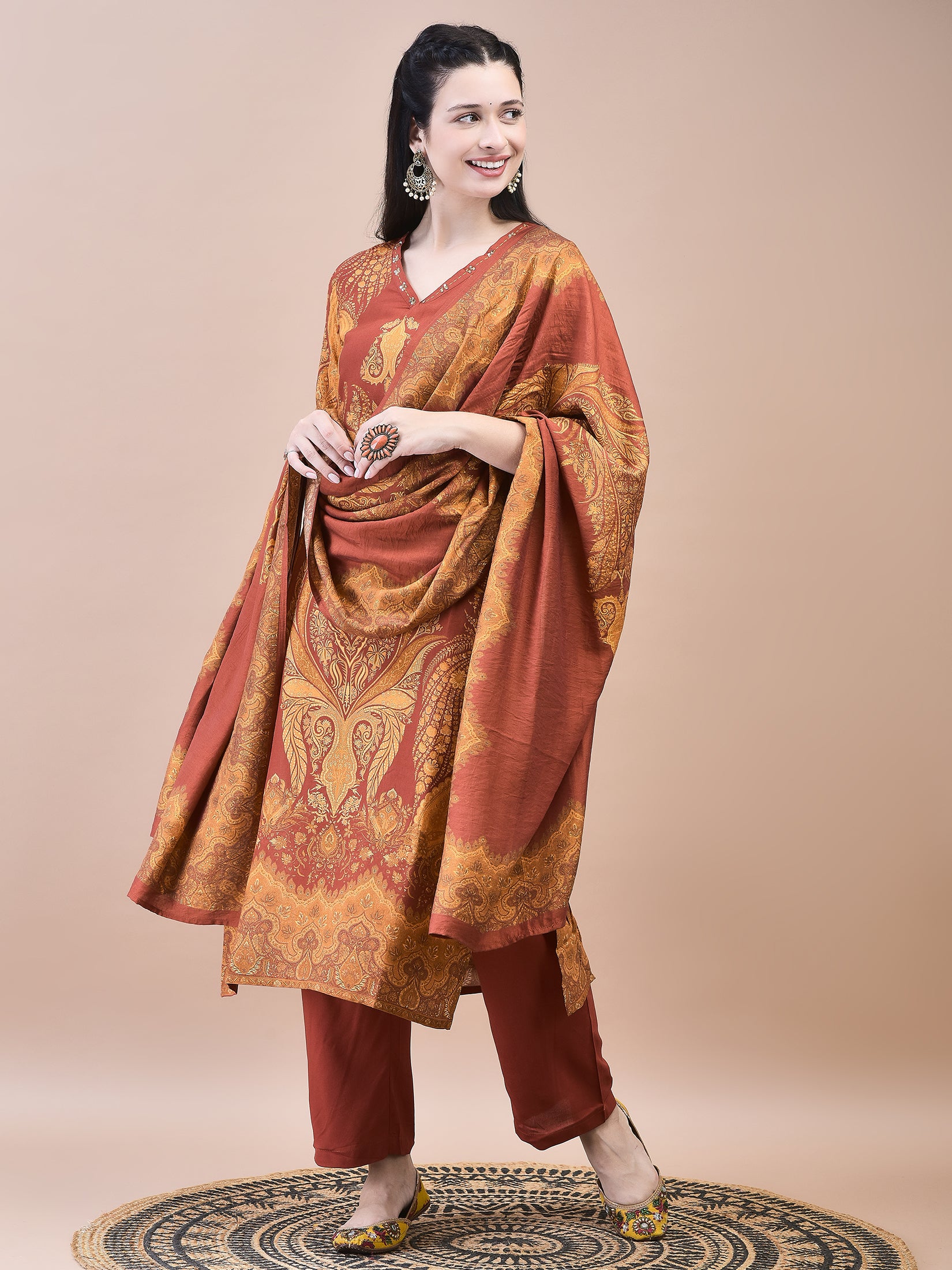 Women Liva Rust Paisley Print Kurta Comfort Pant Dupatta