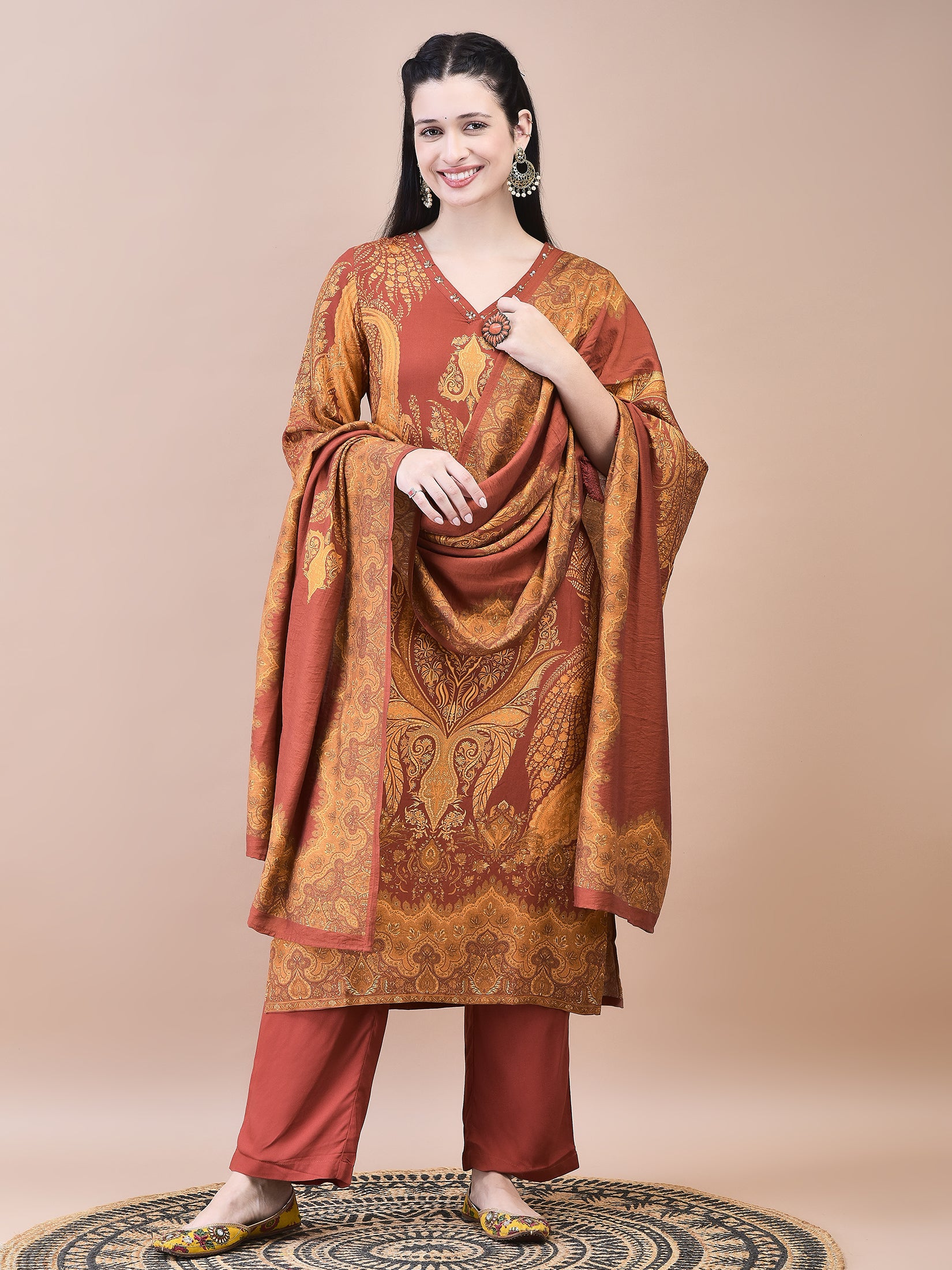 Women Liva Rust Paisley Print Kurta Comfort Pant Dupatta