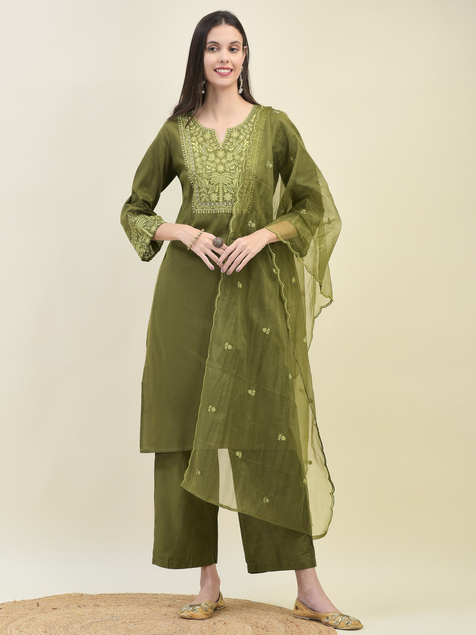 Women Poly Viscose Green Embroidered Kurta Comfort Pant Dupatta