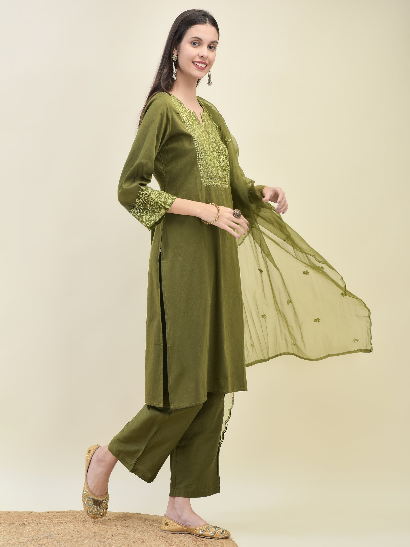 Women Poly Viscose Green Embroidered Kurta Comfort Pant Dupatta