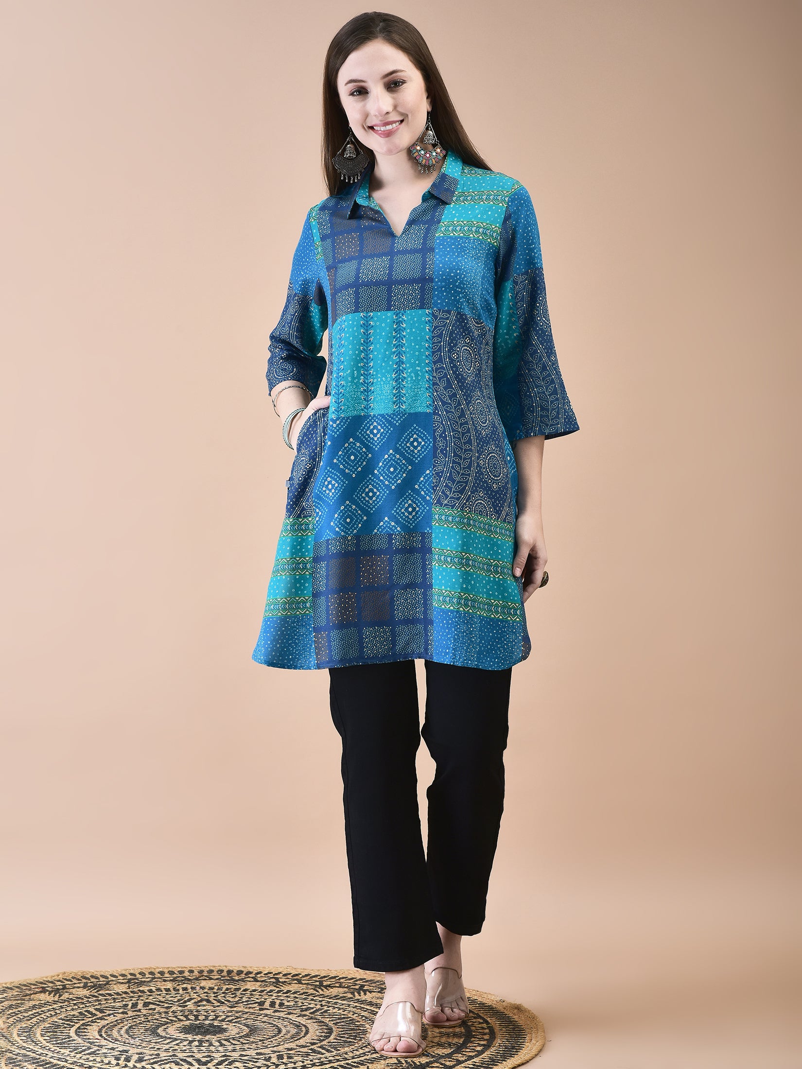 Women Liva Blue Bandhani Print Short Kurta