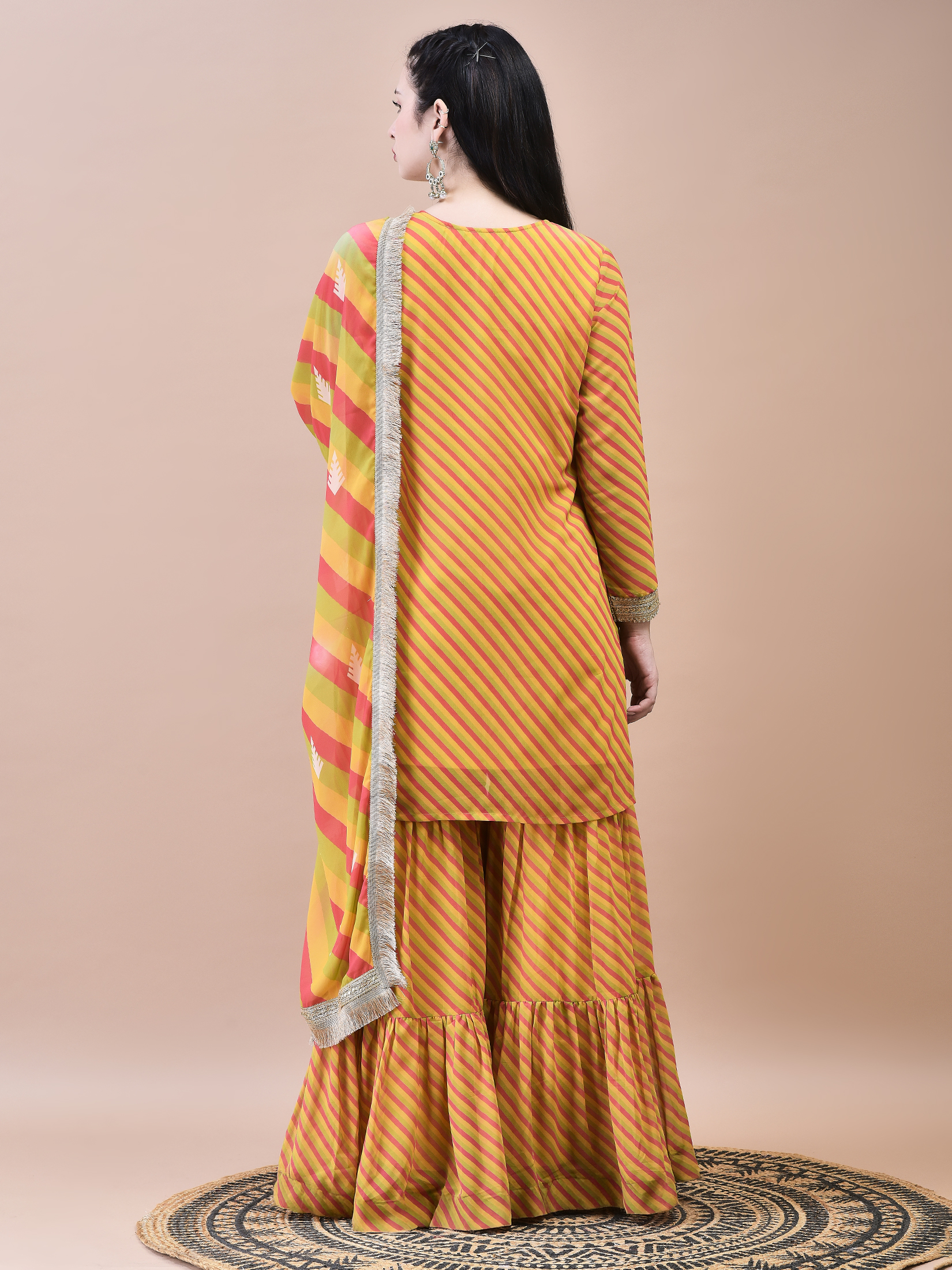 Women Georgette Mustard Embroidered Kurta Sharara Dupatta