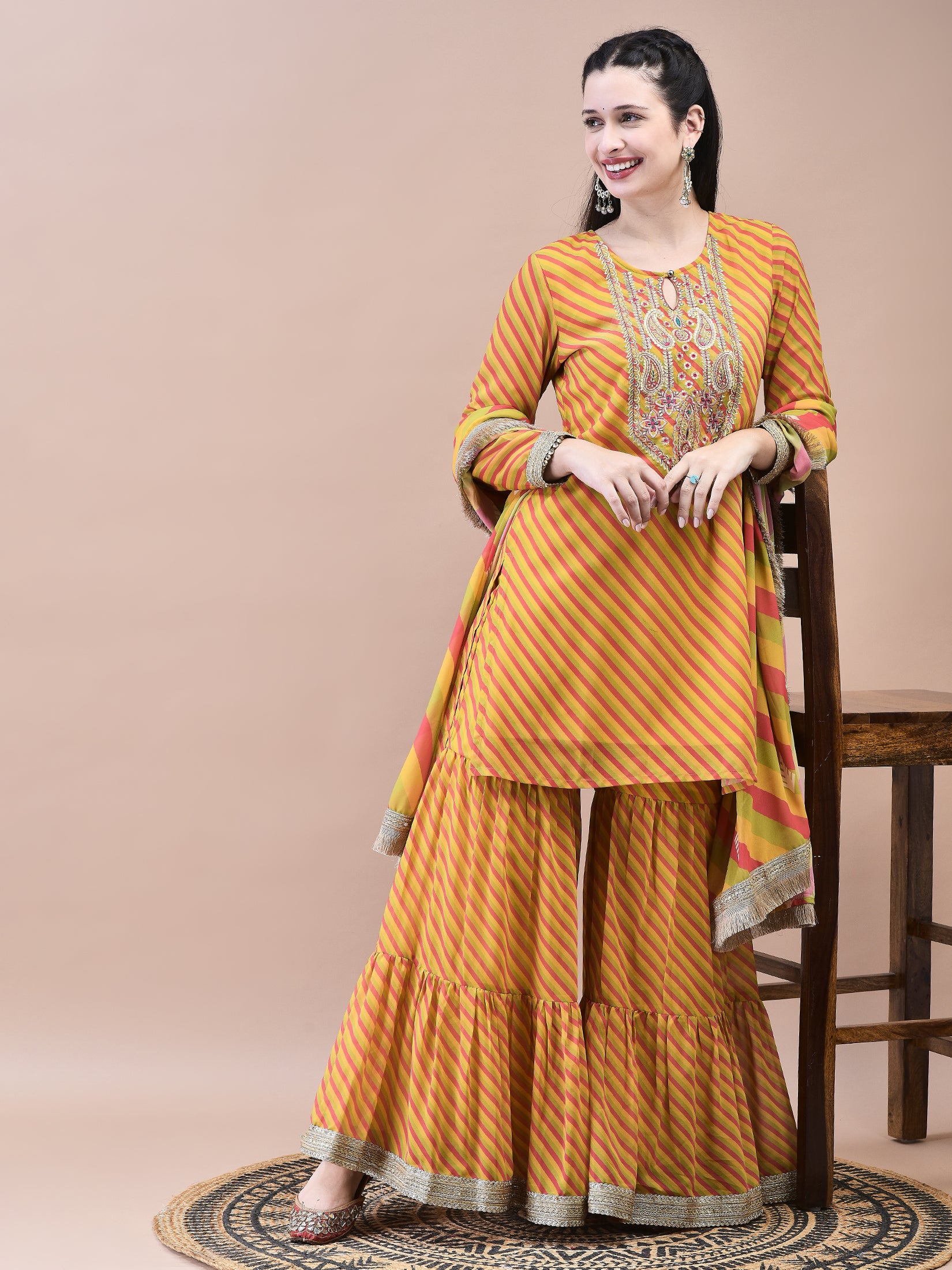 Women Georgette Mustard Embroidered Kurta Sharara Dupatta