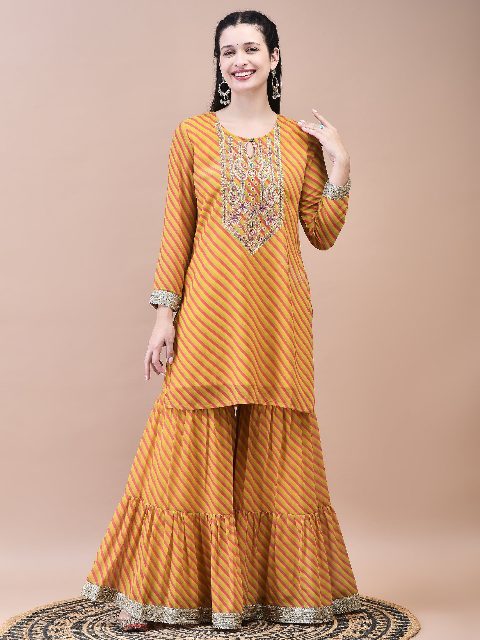 Women Georgette Mustard Embroidered Kurta Sharara Dupatta