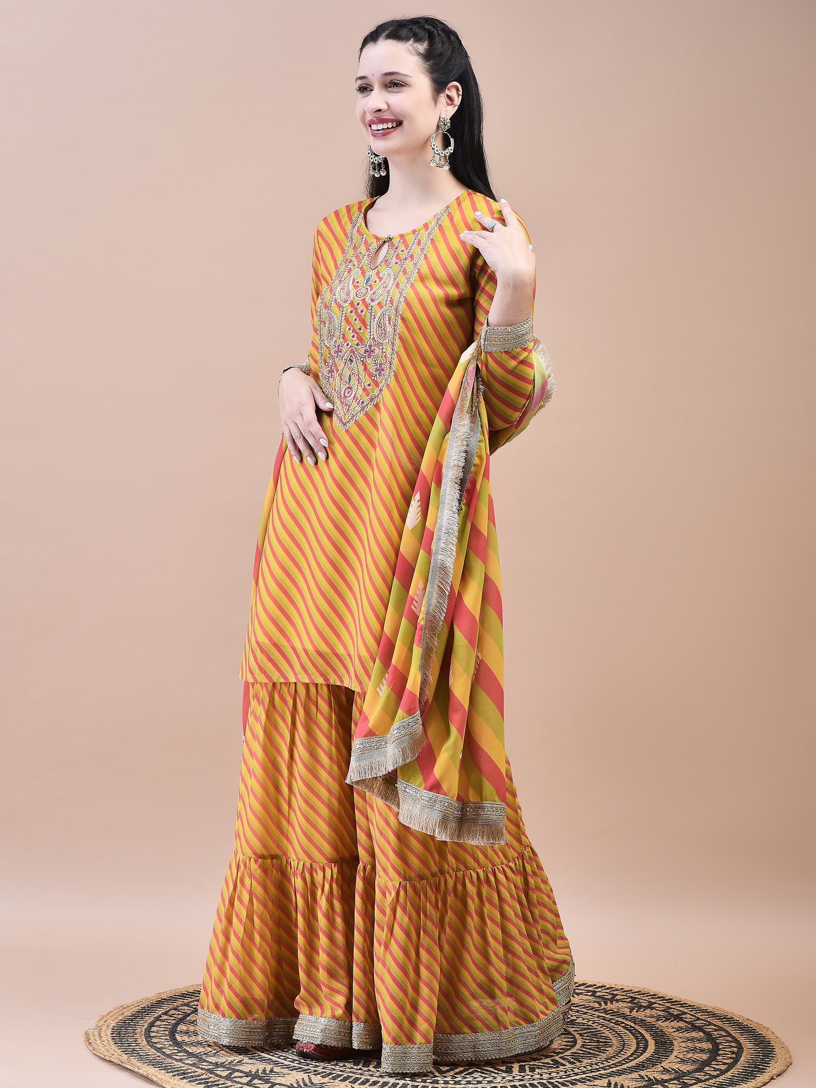 Women Georgette Mustard Embroidered Kurta Sharara Dupatta