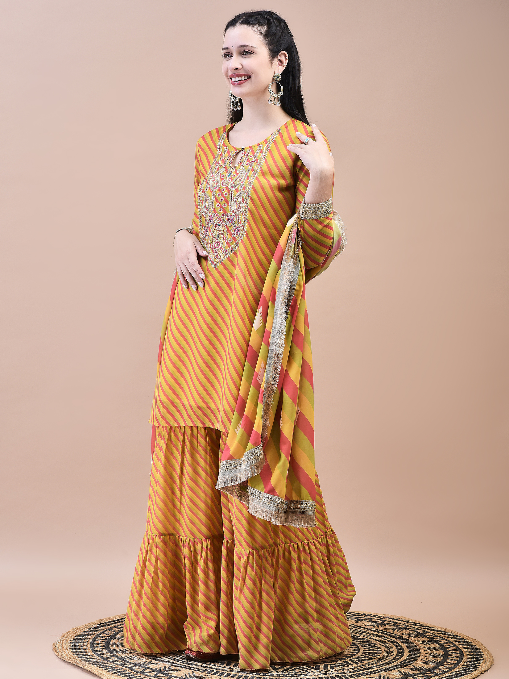 Women Georgette Mustard Embroidered Kurta Sharara Dupatta