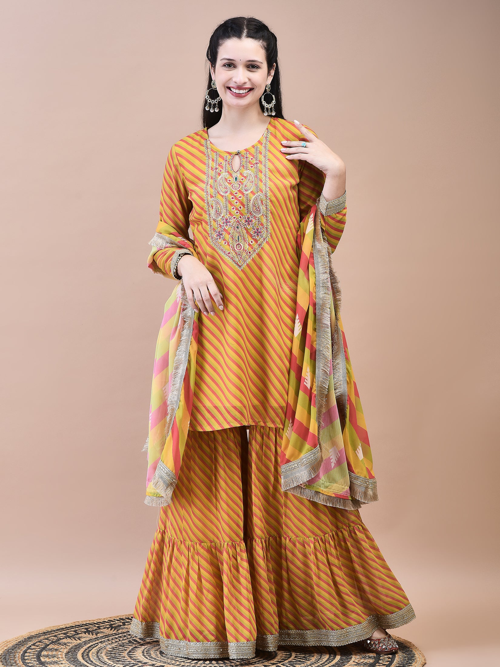 Women Georgette Mustard Embroidered Kurta Sharara Dupatta