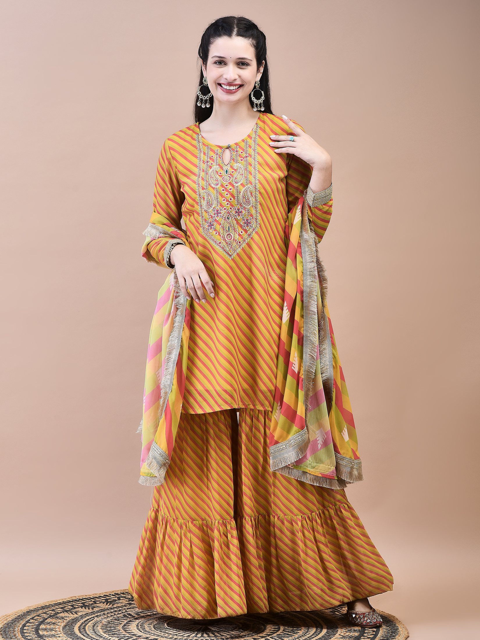 Women Georgette Mustard Embroidered Kurta Sharara Dupatta