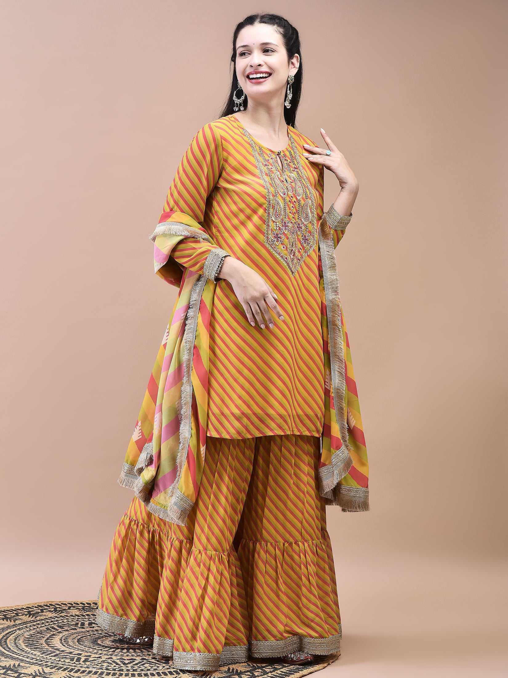 Women Georgette Mustard Embroidered Kurta Sharara Dupatta