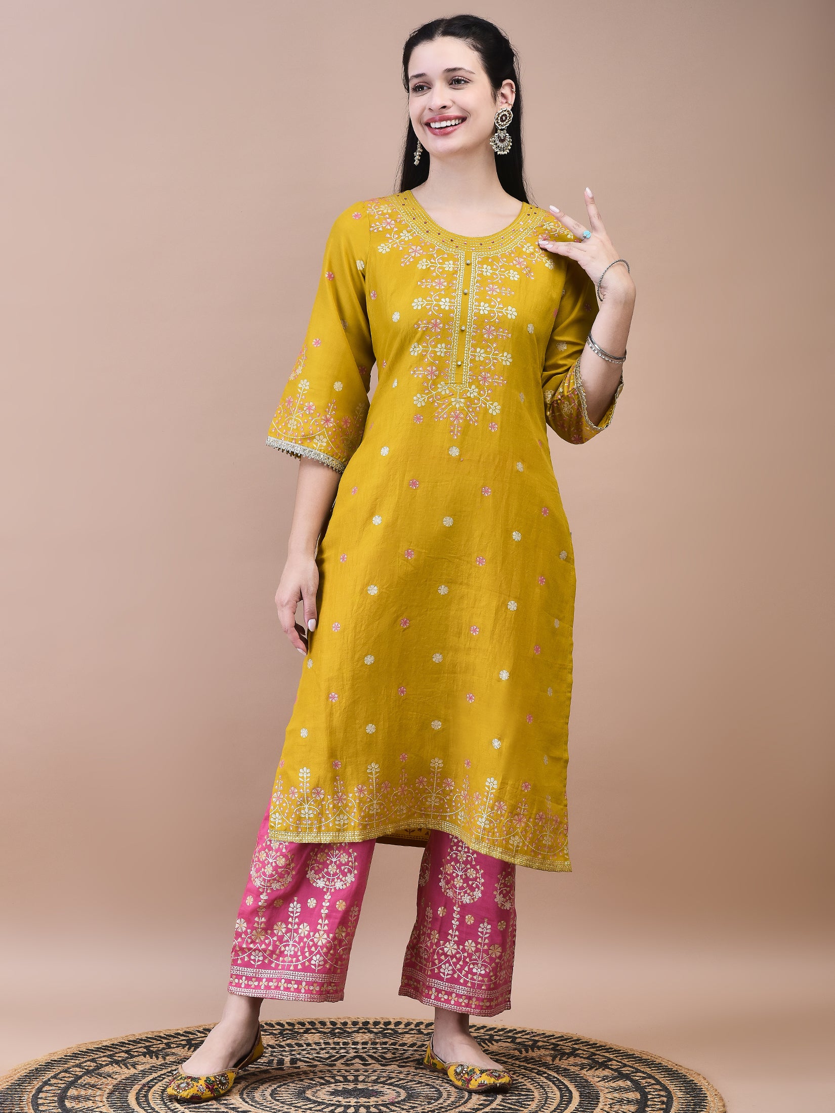 Women Samaira Mustard Ornamental Print Kurta Comfort Pant Dupatta