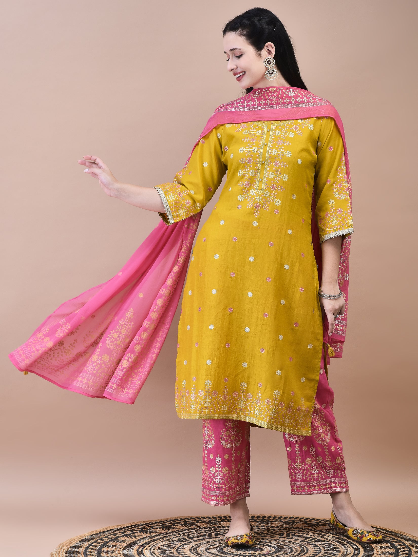 Women Samaira Mustard Ornamental Print Kurta Comfort Pant Dupatta