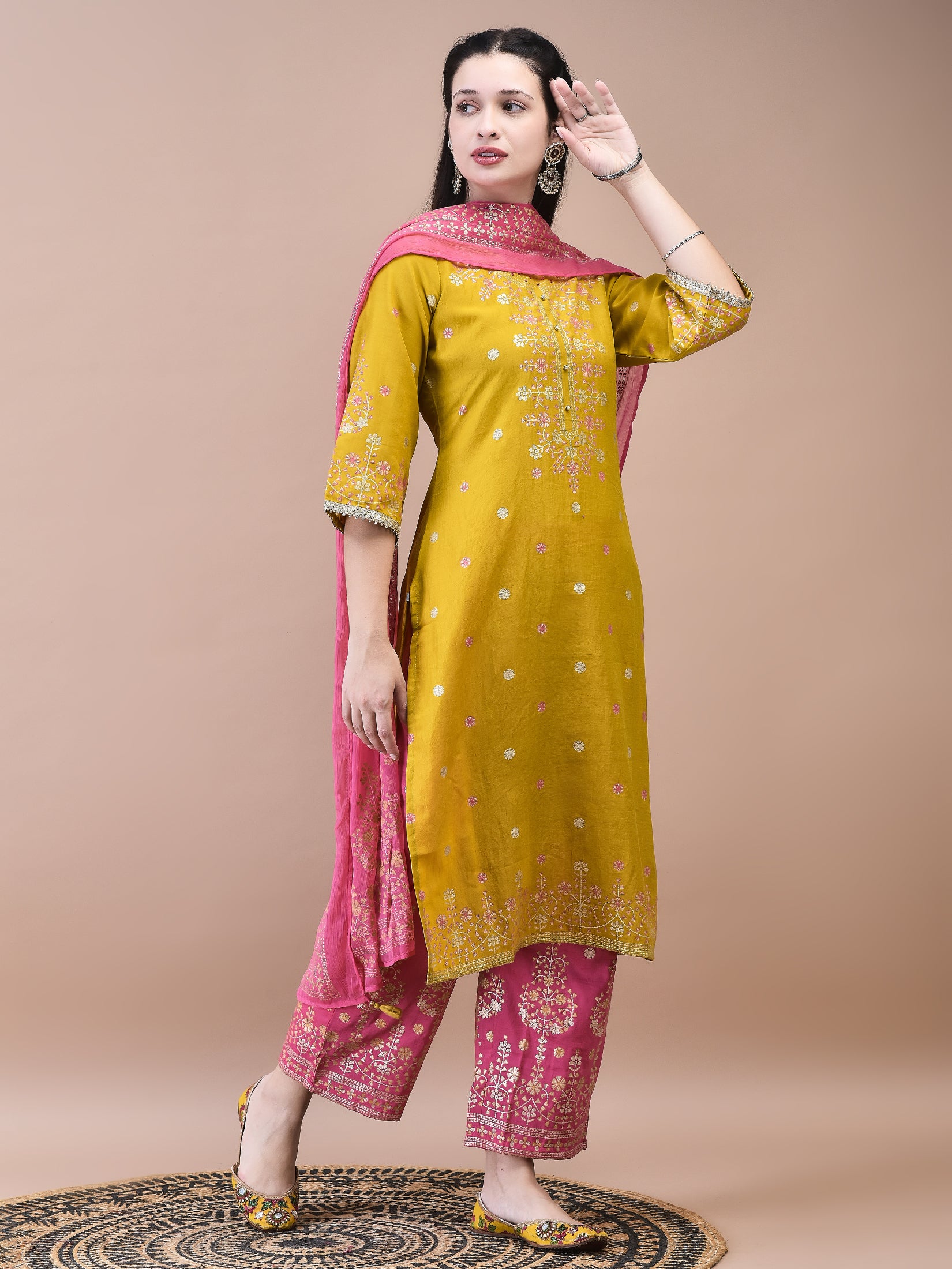 Women Samaira Mustard Ornamental Print Kurta Comfort Pant Dupatta