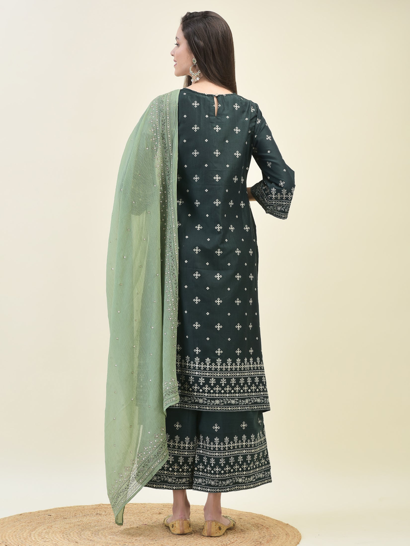 Women Silk Green Ornamental Print Kurta Wide Leg Pant Dupatta