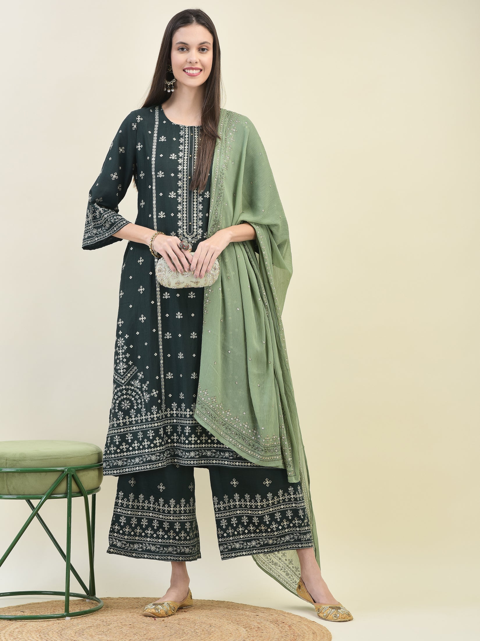 Women Silk Green Ornamental Print Kurta Wide Leg Pant Dupatta