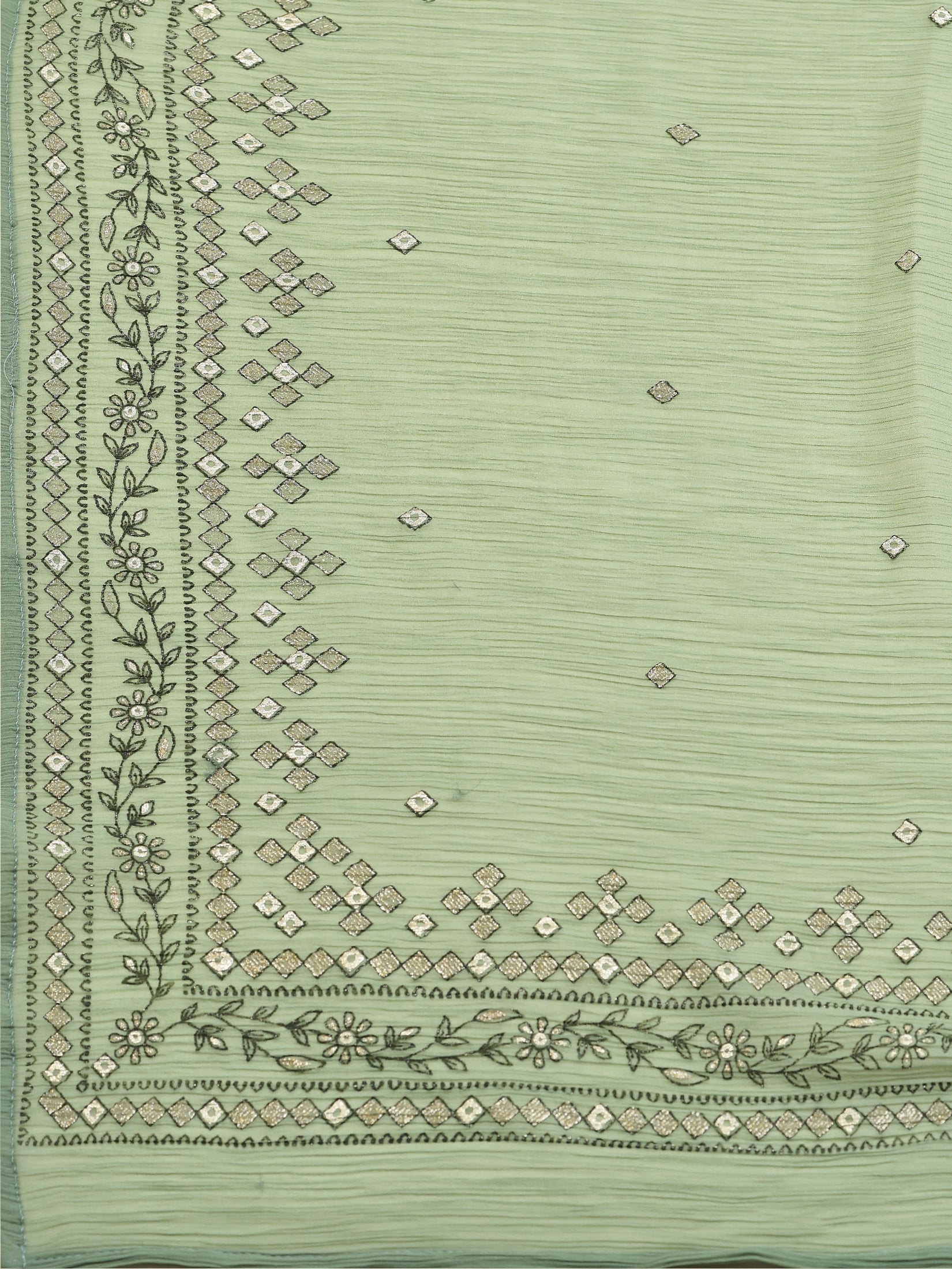 Women Silk Green Ornamental Print Kurta Wide Leg Pant Dupatta