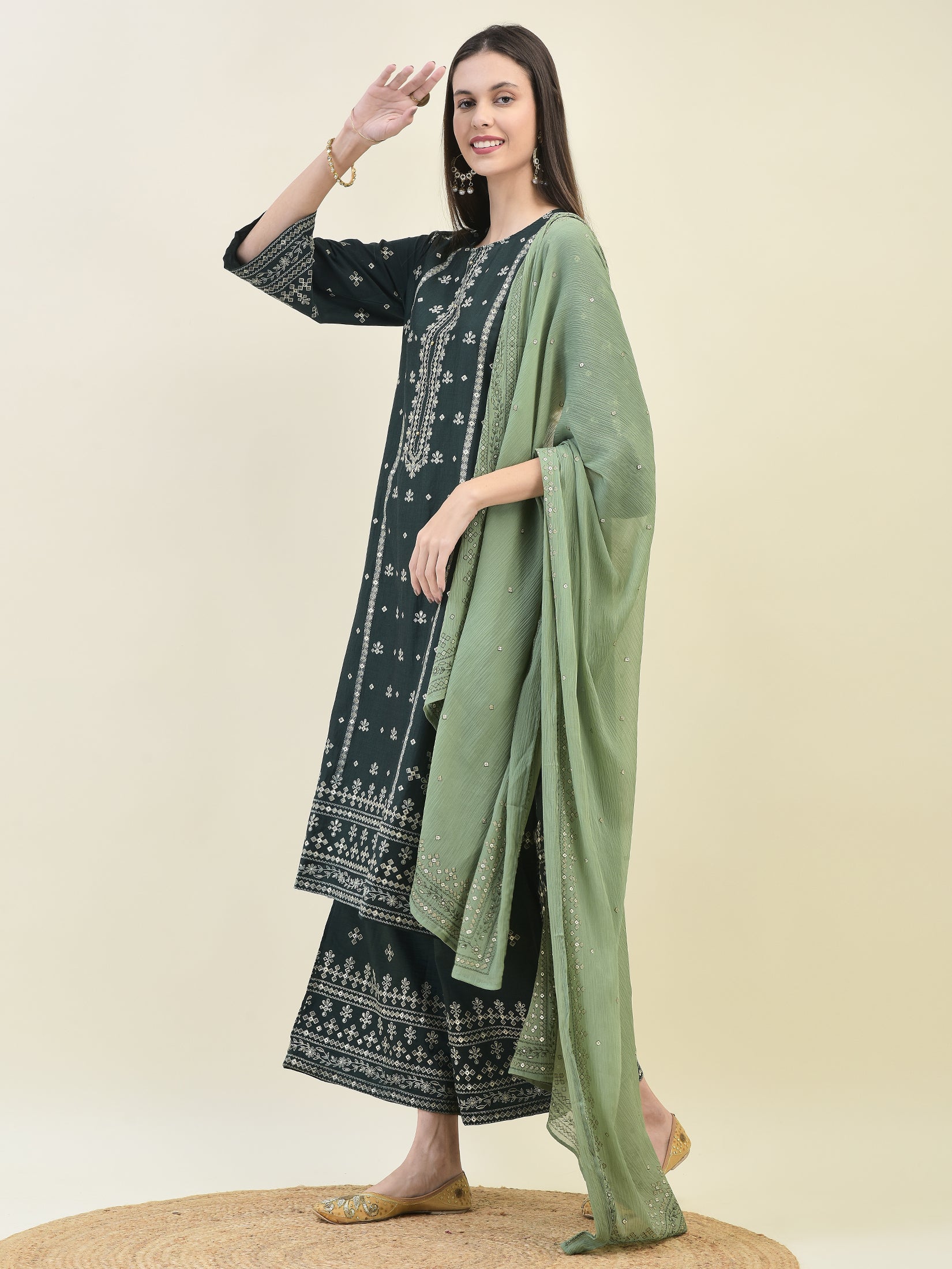 Women Silk Green Ornamental Print Kurta Wide Leg Pant Dupatta