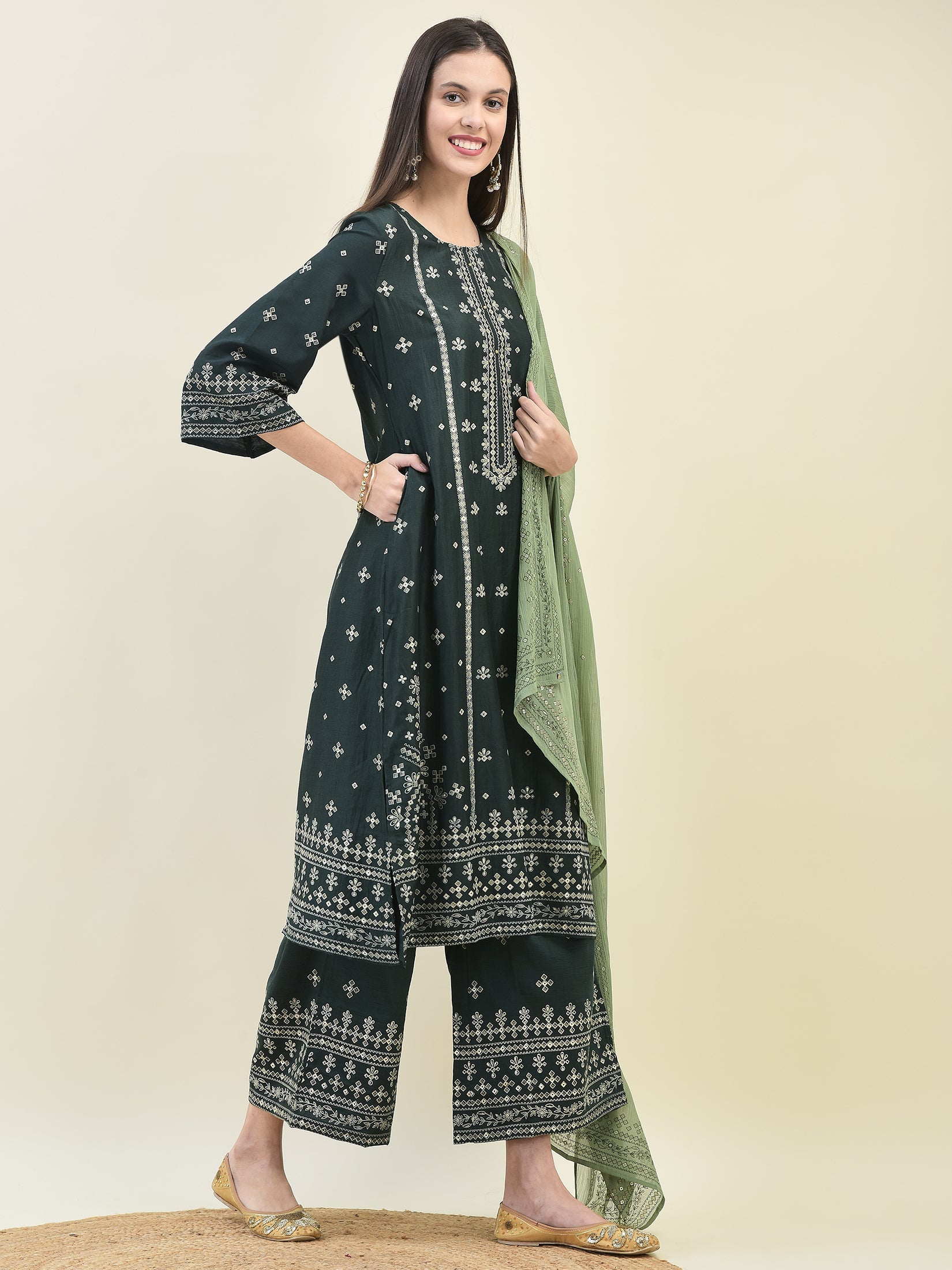 Women Silk Green Ornamental Print Kurta Wide Leg Pant Dupatta