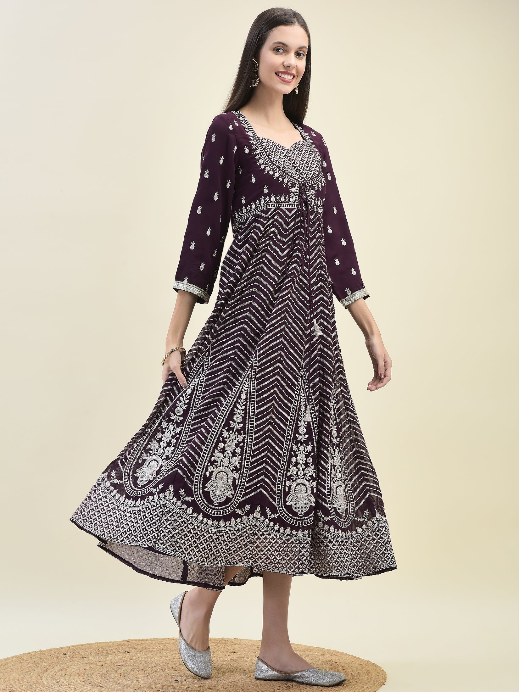 Women Georgette Purple Embroidered Dress