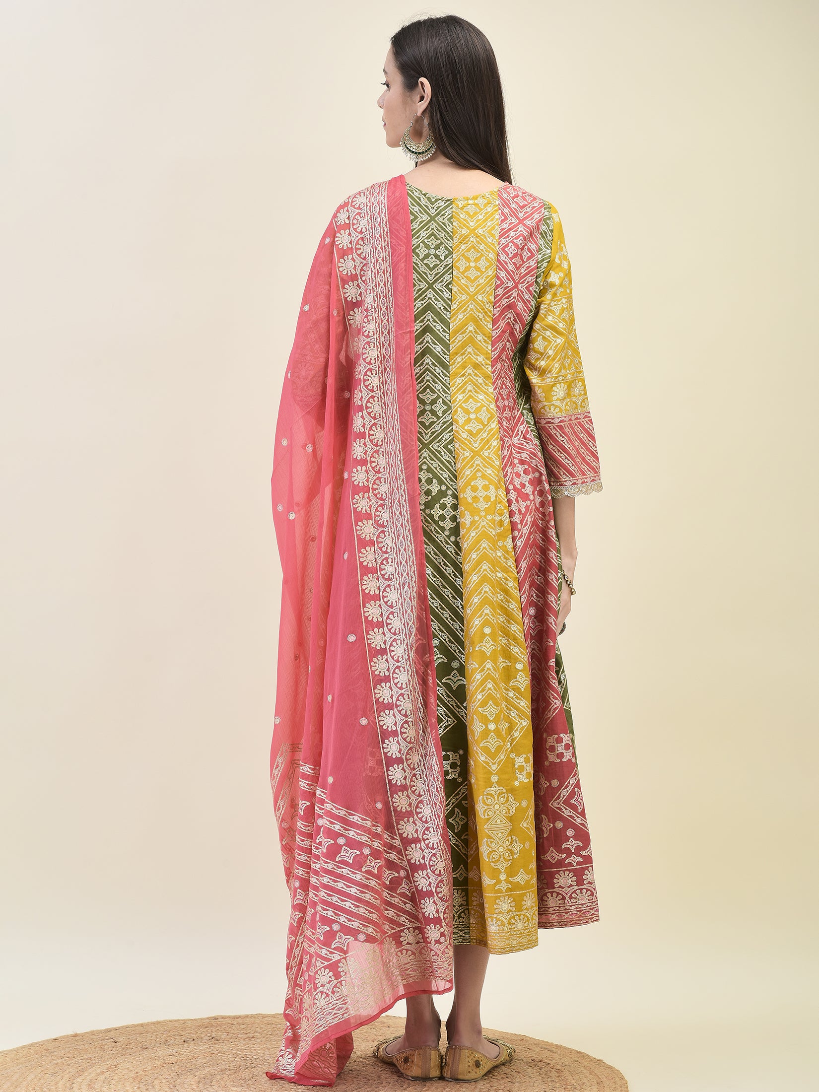 Women Silk Multicolor Ornamental Print Dress With Dupatta