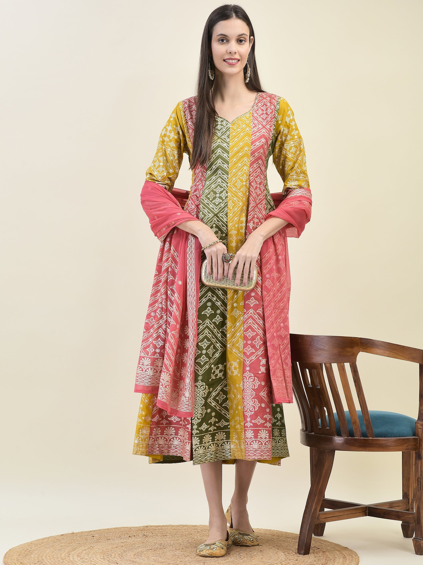 Women Silk Multicolor Ornamental Print Dress With Dupatta