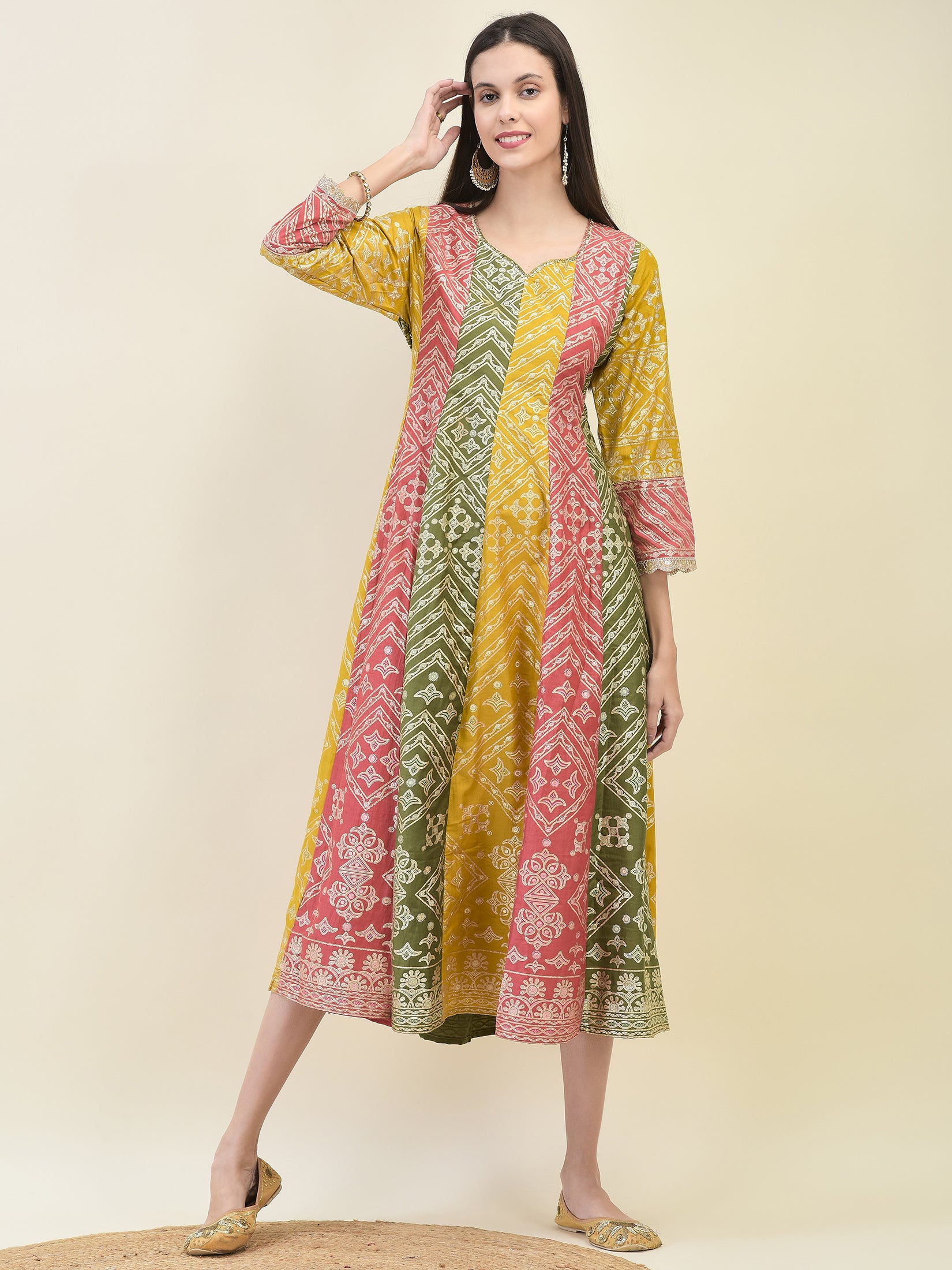 Women Silk Multicolor Ornamental Print Dress With Dupatta