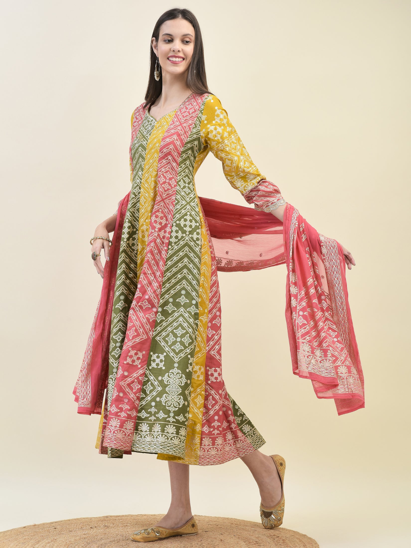 Women Silk Multicolor Ornamental Print Dress With Dupatta