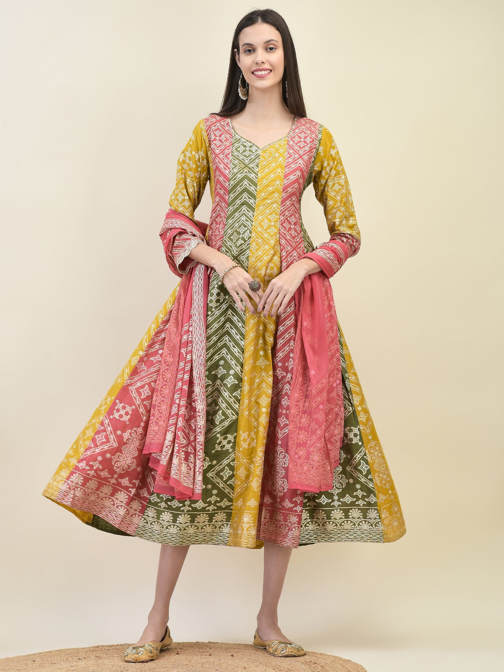 Women Silk Multicolor Ornamental Print Dress With Dupatta