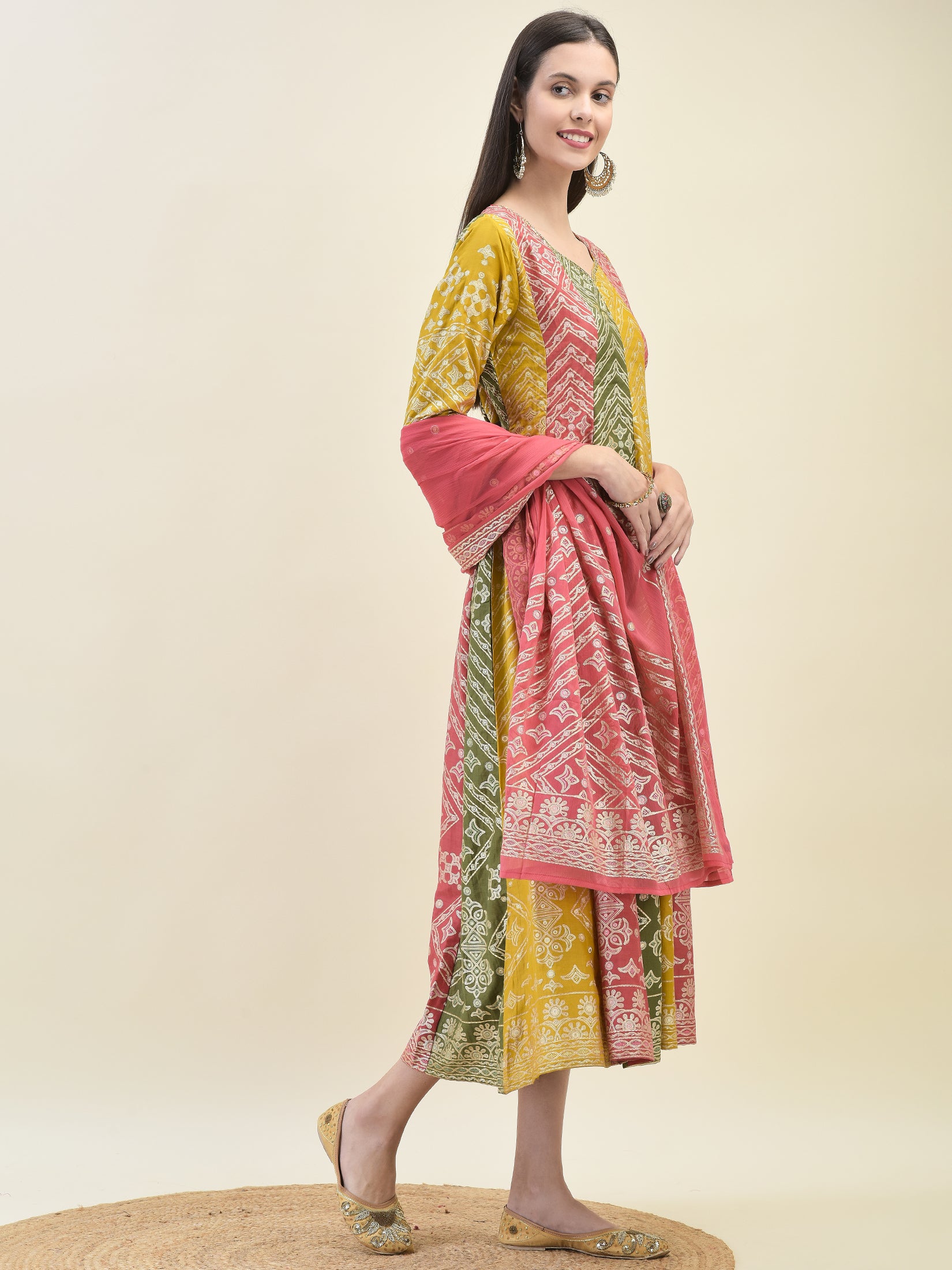 Women Silk Multicolor Ornamental Print Dress With Dupatta