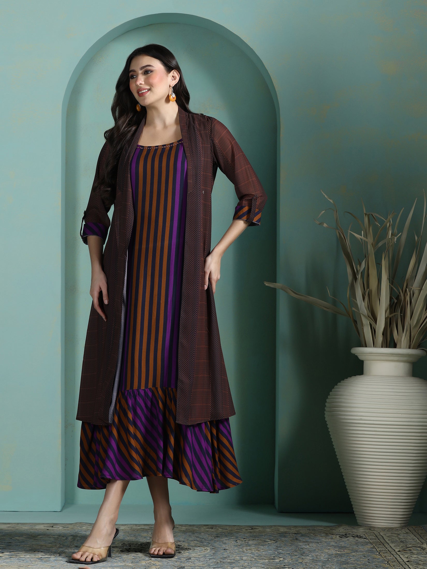 Women Liva Multicolor Stripe Print Dress With Georgette Ethnic Jacket