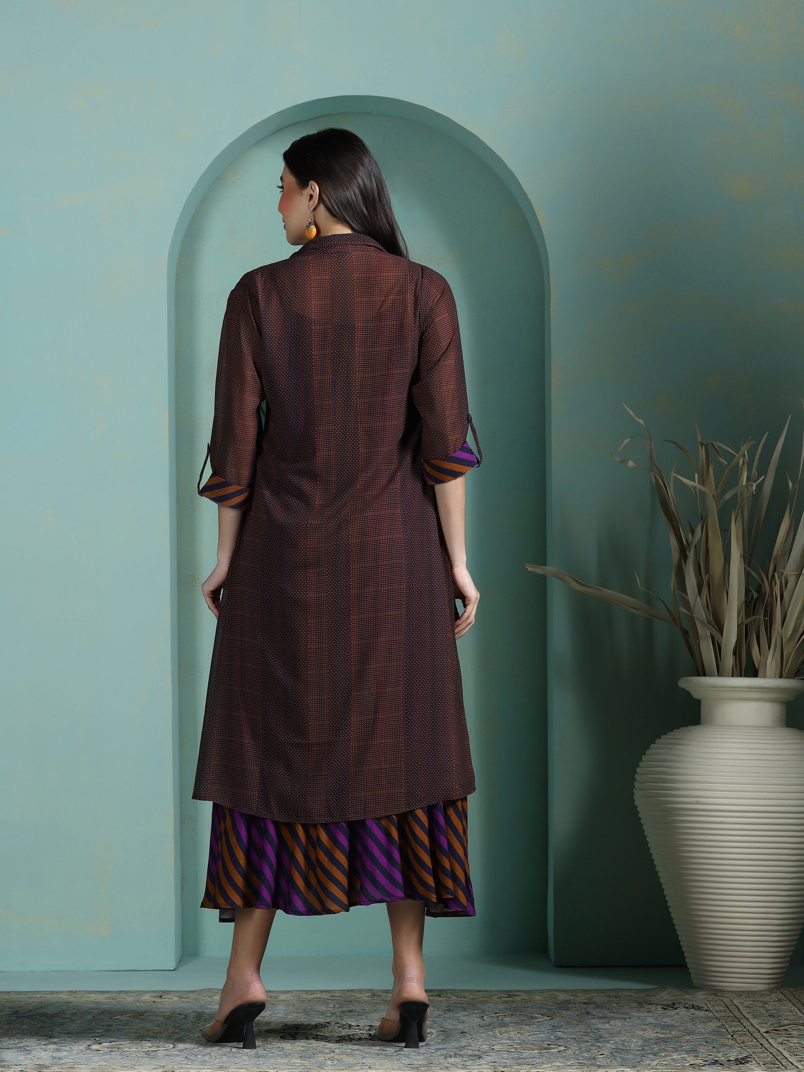Women Liva Multicolor Stripe Print Dress With Georgette Ethnic Jacket