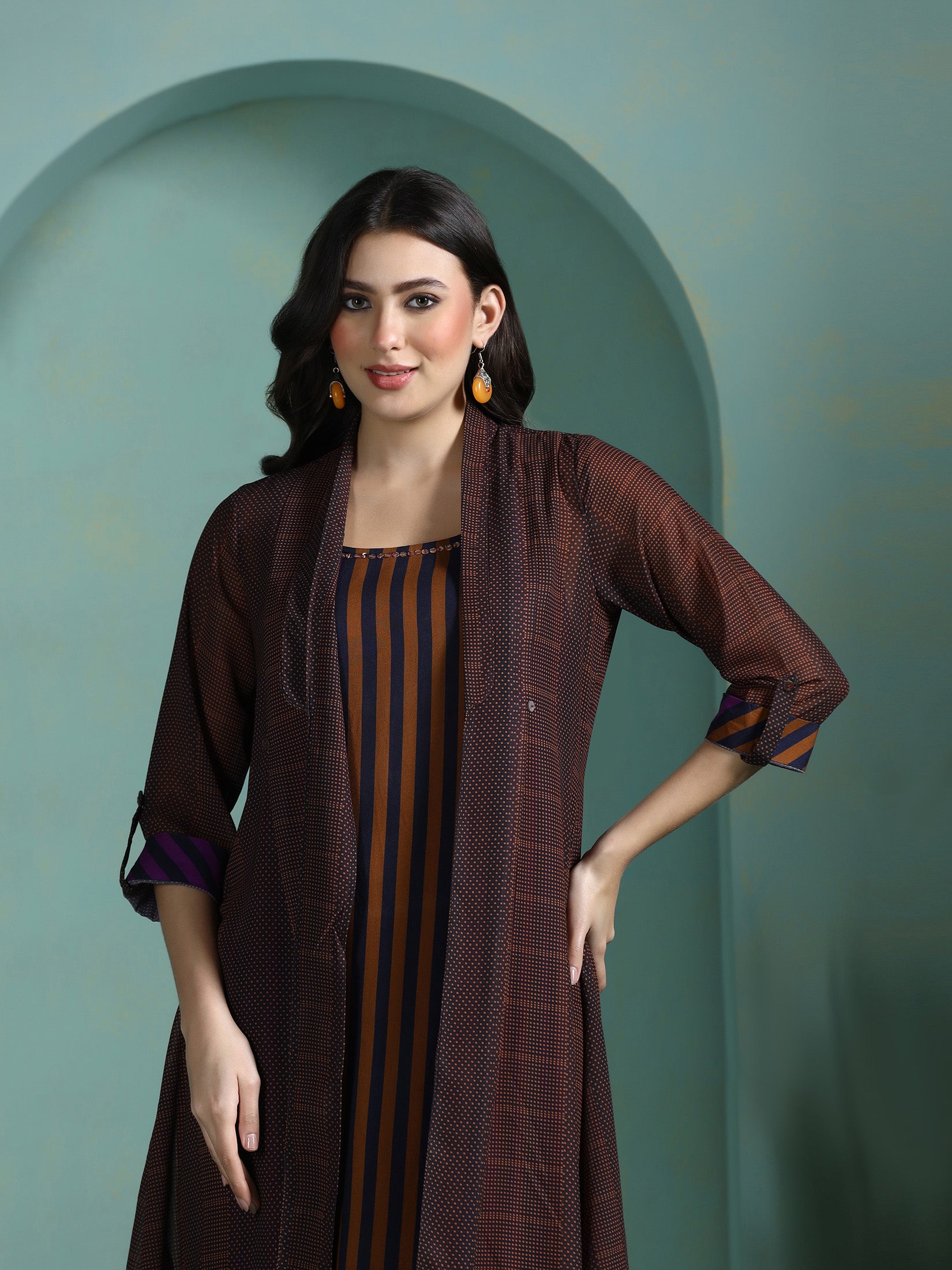 Women Liva Multicolor Stripe Print Dress With Georgette Ethnic Jacket