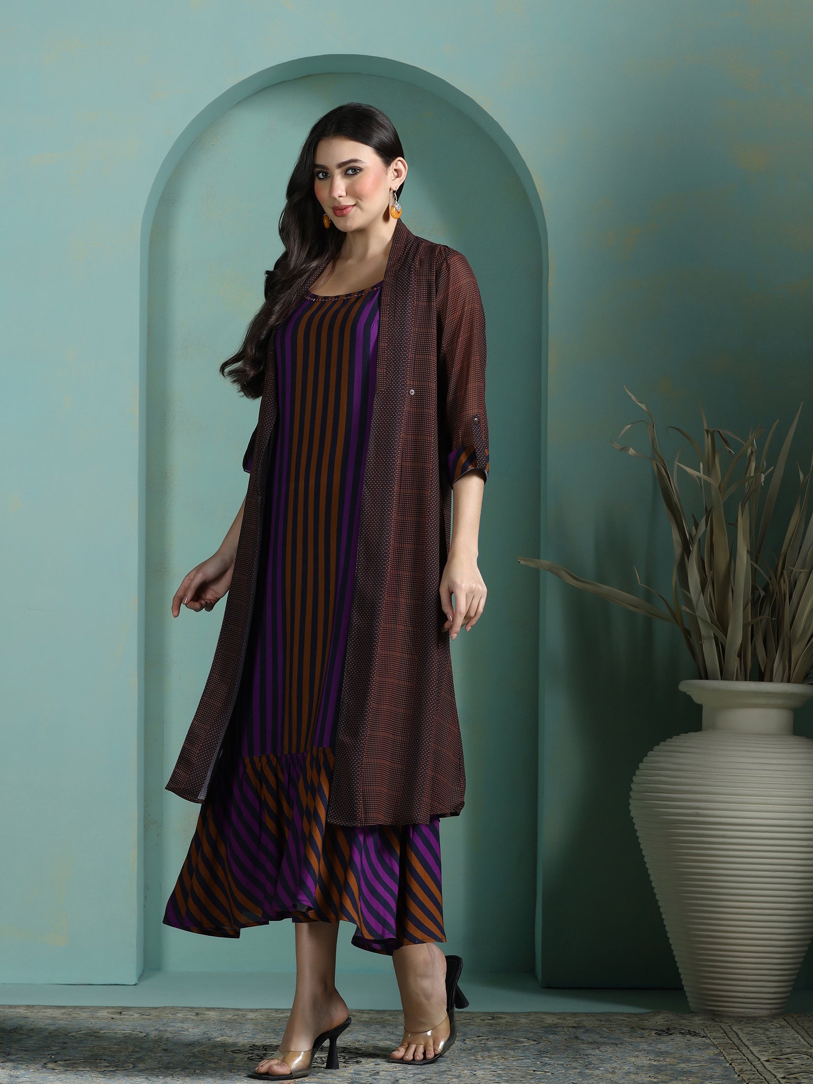 Women Liva Multicolor Stripe Print Dress With Georgette Ethnic Jacket