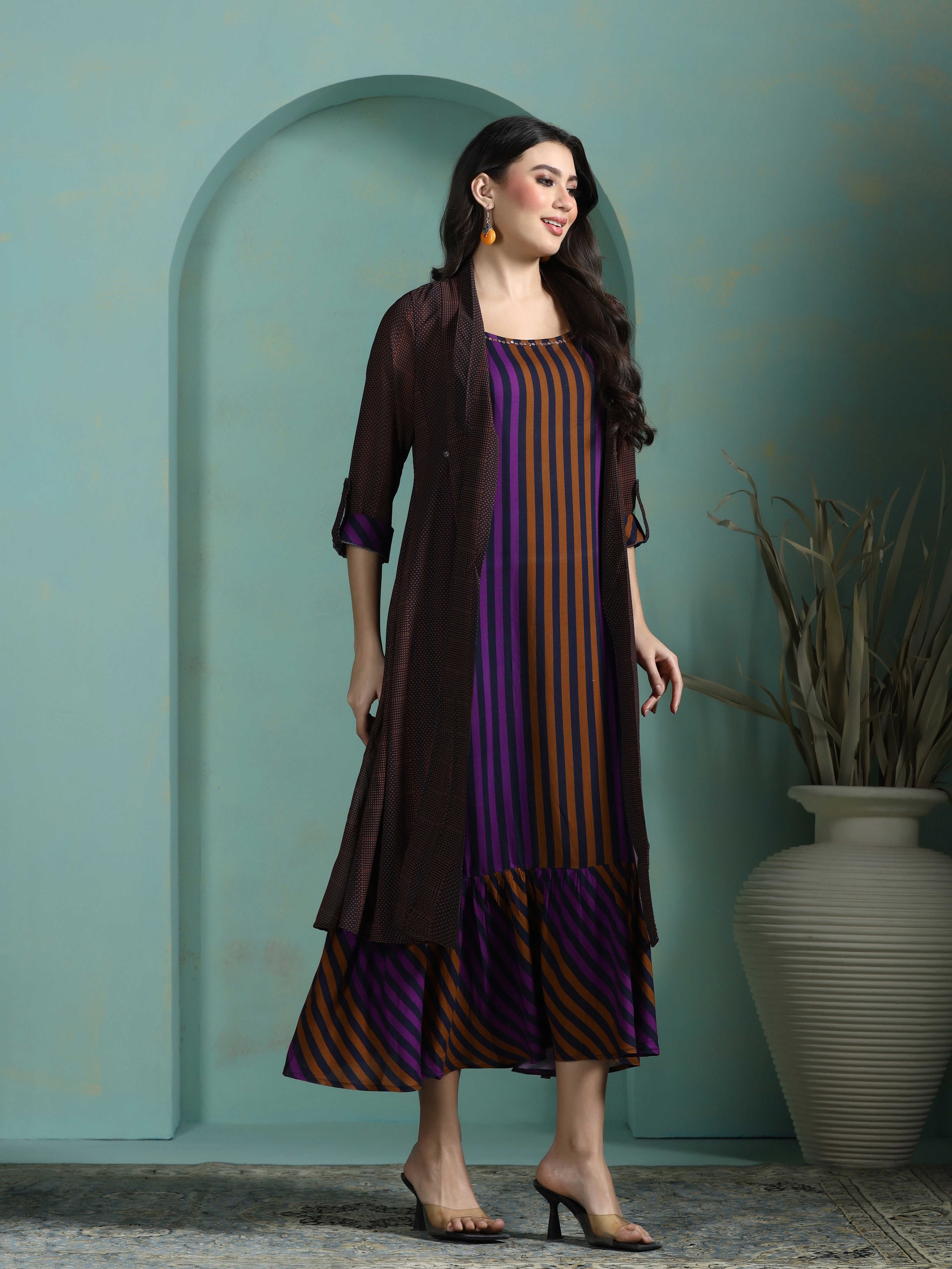 Women Liva Multicolor Stripe Print Dress With Georgette Ethnic Jacket