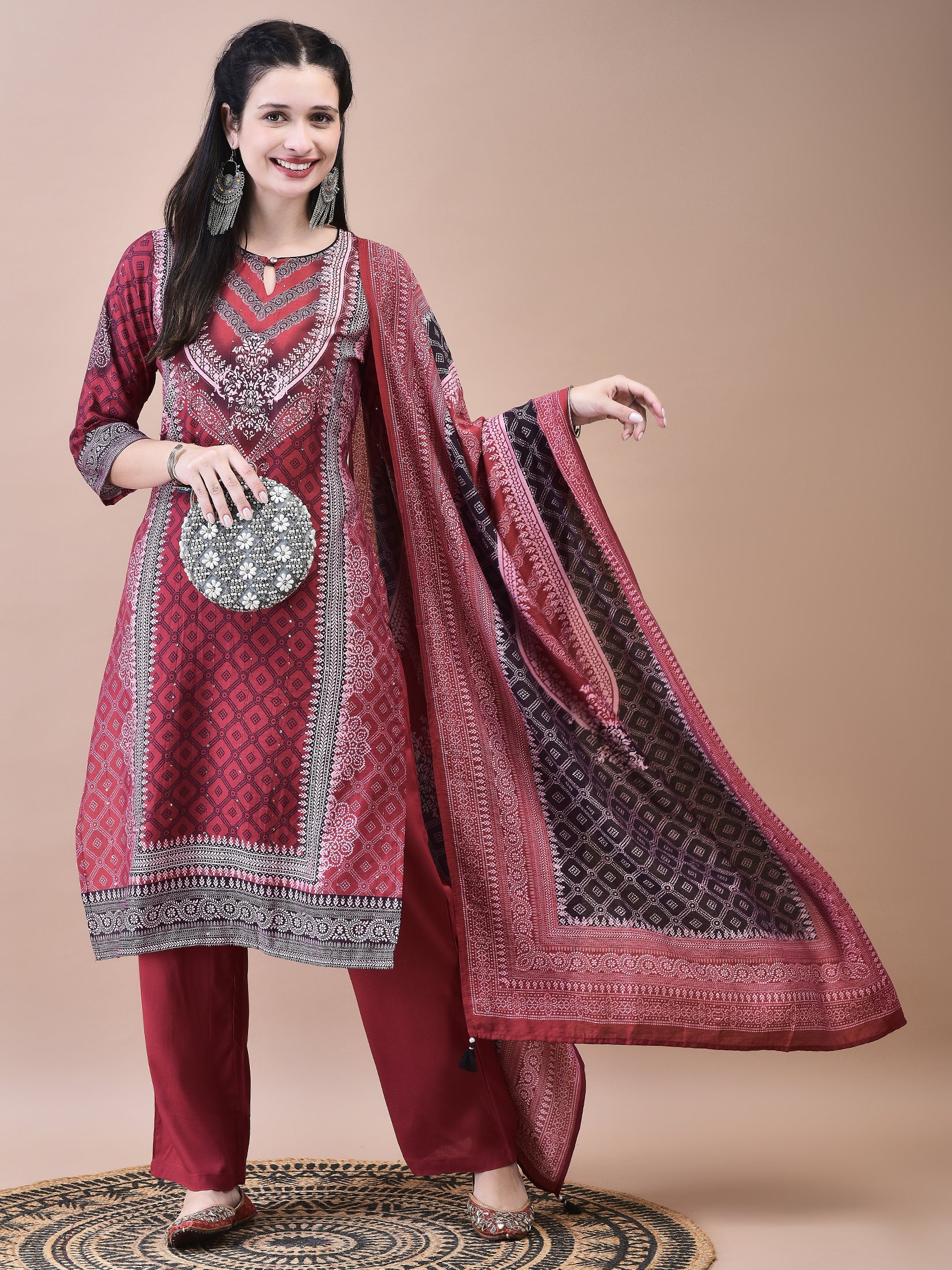 Women Muslin Maroon Bandhani Print Kurta Comfort Pant Dupatta