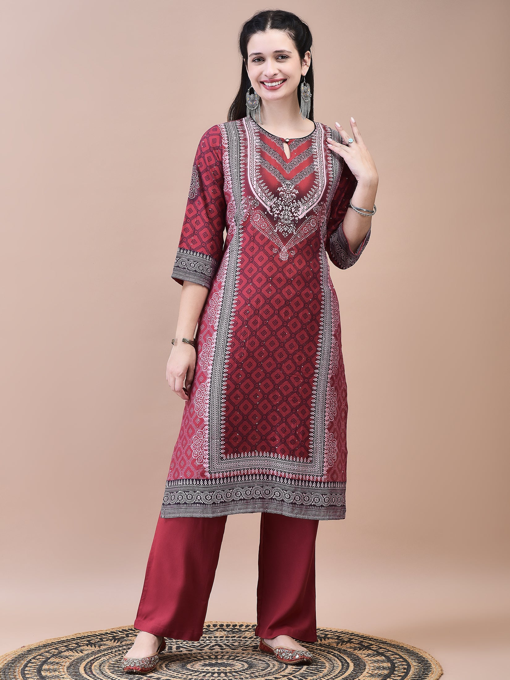 Women Muslin Maroon Bandhani Print Kurta Comfort Pant Dupatta