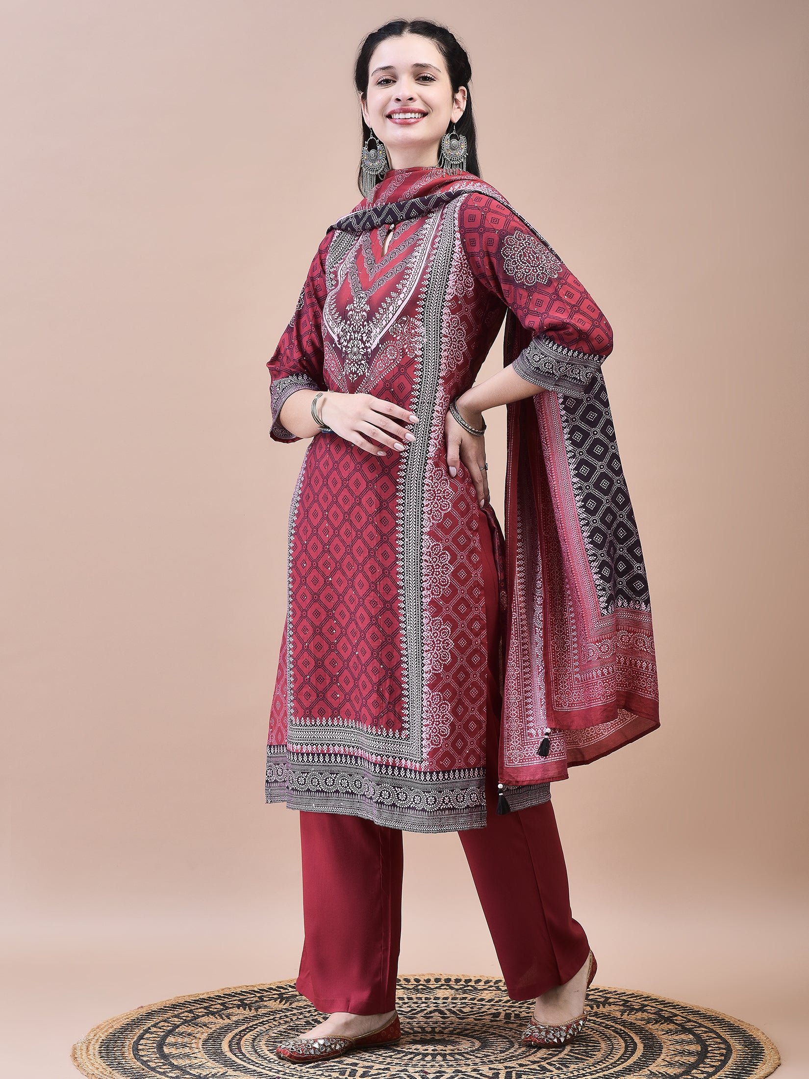 Women Muslin Maroon Bandhani Print Kurta Comfort Pant Dupatta