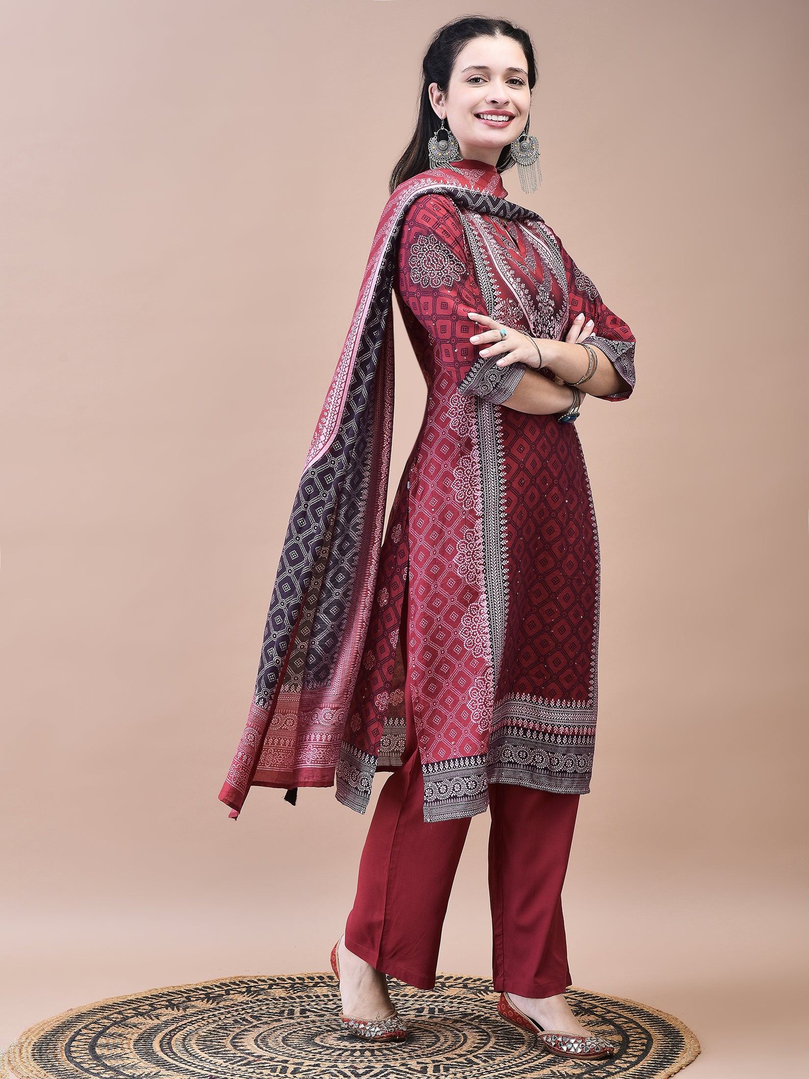 Women Muslin Maroon Bandhani Print Kurta Comfort Pant Dupatta