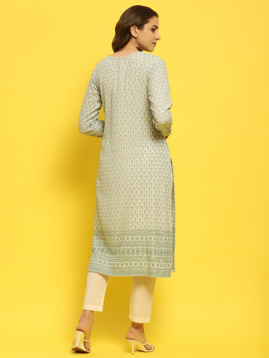 Women Liva Rayon Green Schiffli Embroidered Kurta