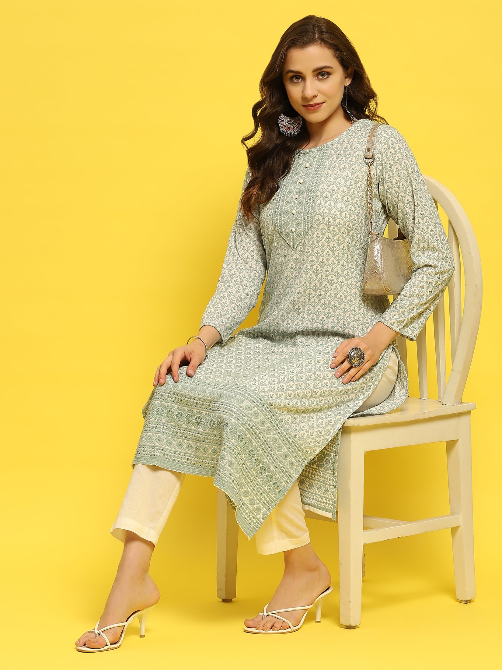 Women Liva Rayon Green Schiffli Embroidered Kurta