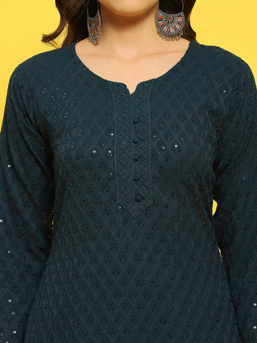 Women Liva Rayon Blue Schiffli Embroidered Kurta