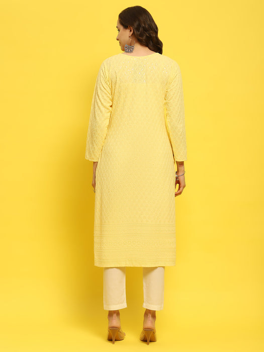 Women Liva Rayon Yellow Schiffli Embroidered Kurta