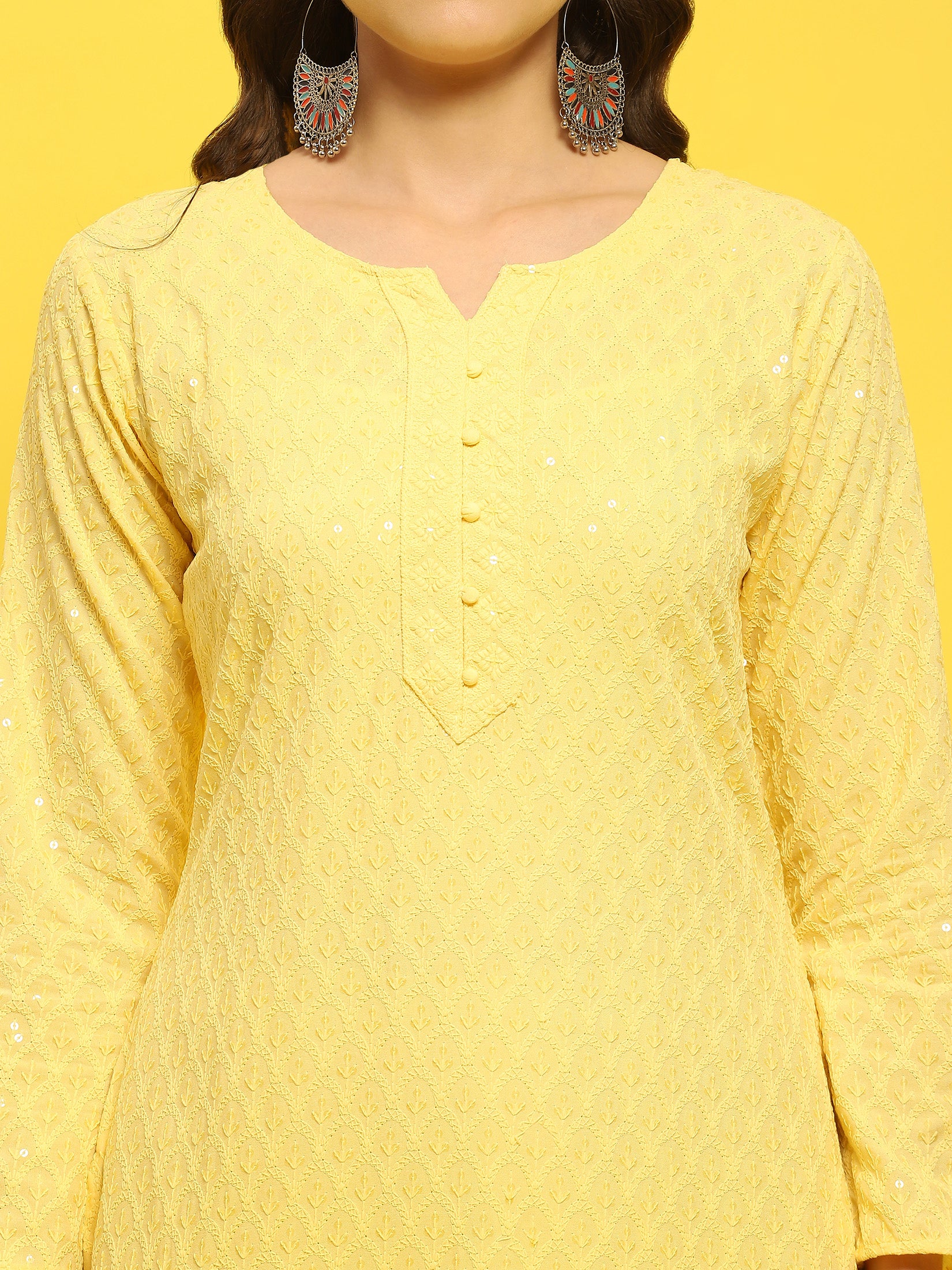 Women Liva Rayon Yellow Schiffli Embroidered Kurta