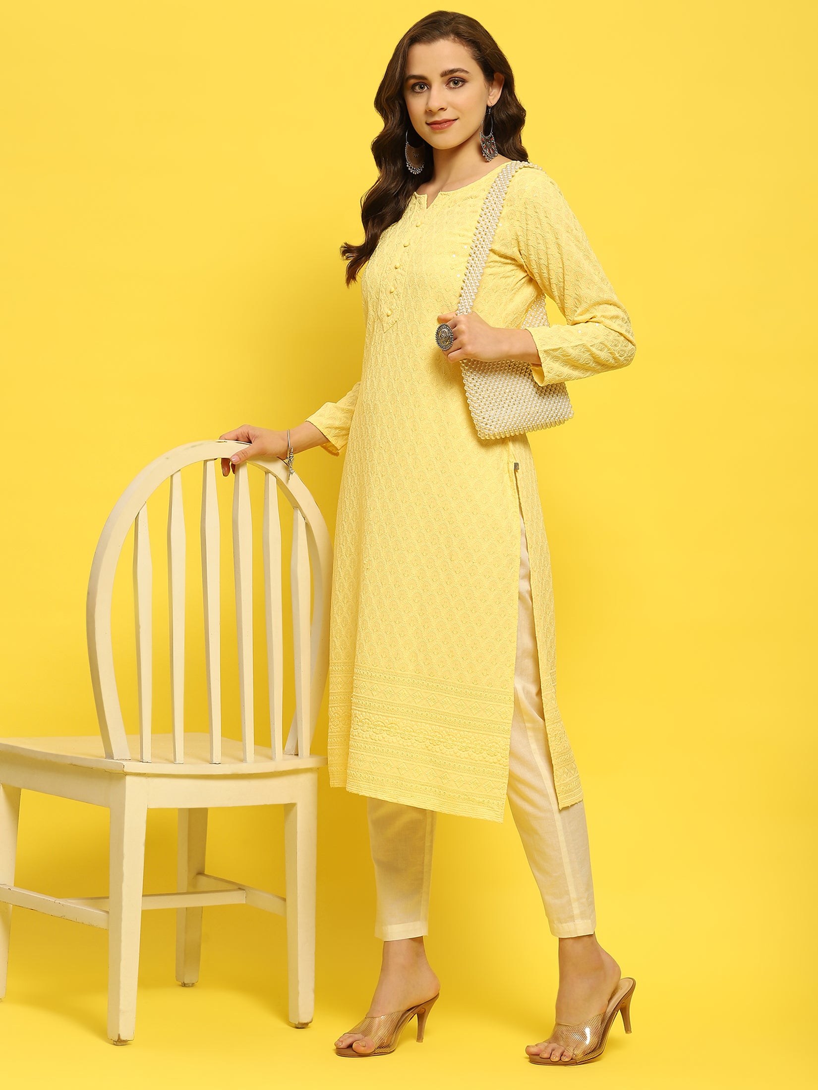 Women Liva Rayon Yellow Schiffli Embroidered Kurta