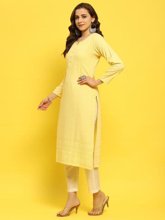 Women Liva Rayon Yellow Schiffli Embroidered Kurta