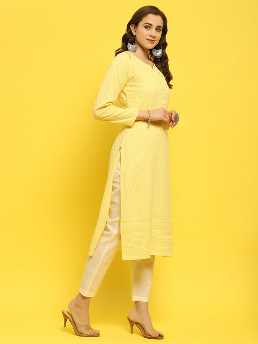 Women Liva Rayon Yellow Schiffli Embroidered Kurta