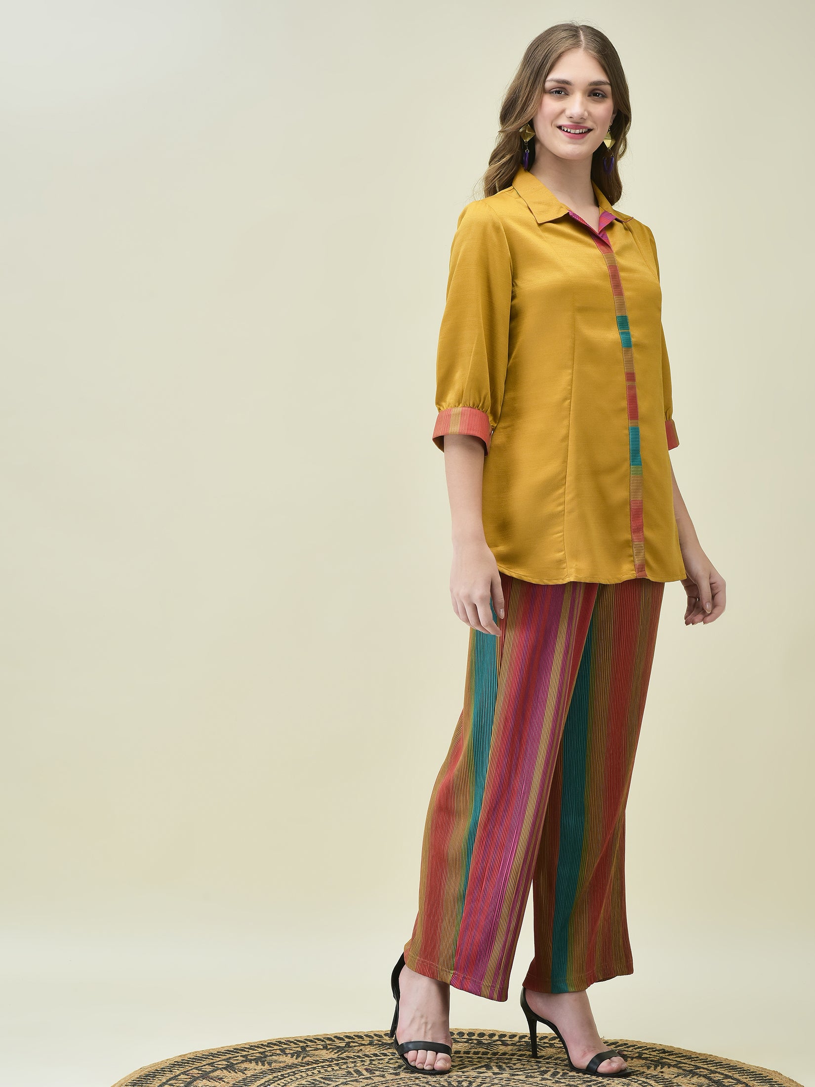 Women Mustard Multi Stripe Co-Ord Set